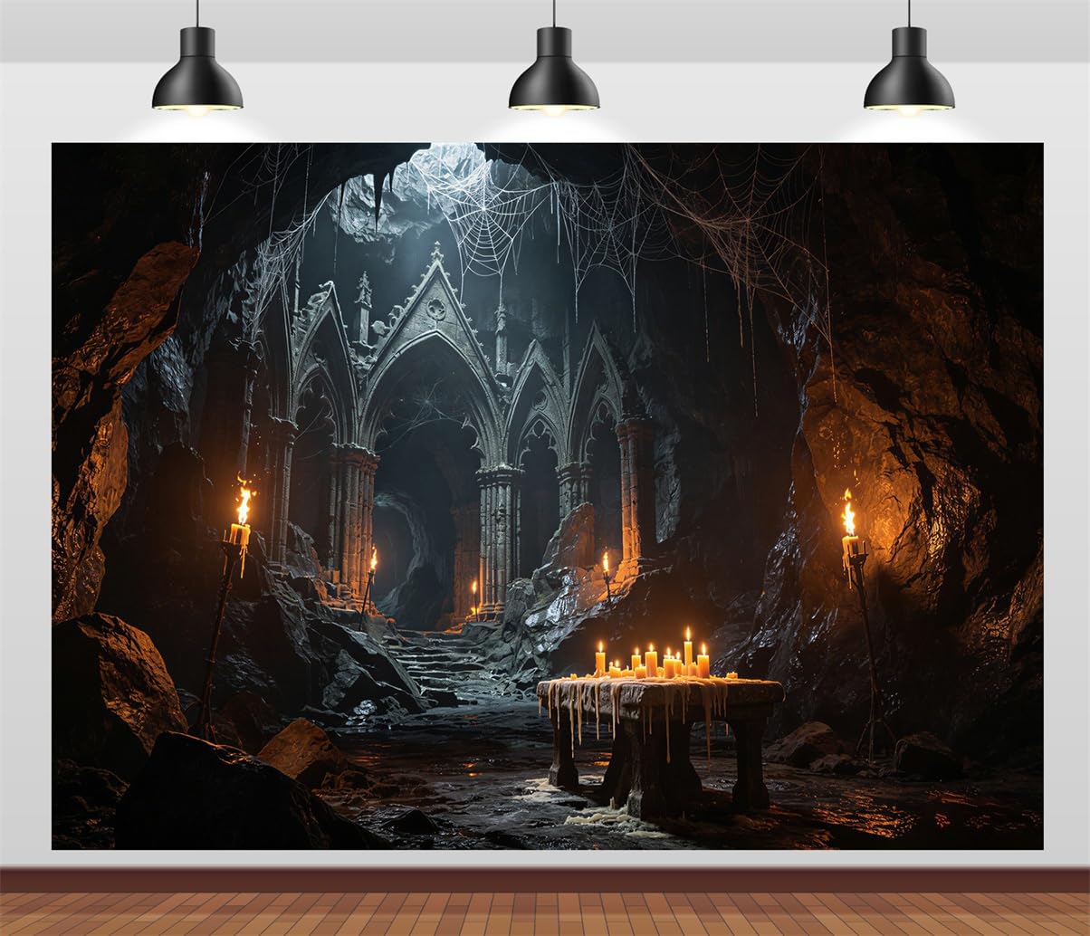 BELECO 3.6x2.5m Sfondo in tessuto Rovine Grotta Gotica Sotterranea Scura | Porta Ad Arco In Pietra Gotica Rovine Cattedrale Grotta Illuminata Da Candele Ragnatela Halloween Telo Di Sfondo