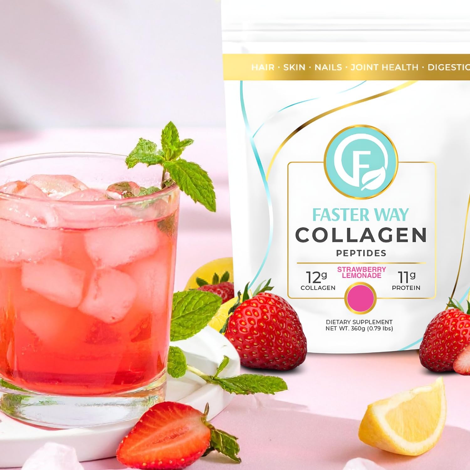 Faster Way - Collagen Peptides - 12g Hydrolyzed Collagen + 11g Protein Per Serving - Hair, Skin & Nails - Amino Acids- Sugar, Gluten & Dairy Free - Non-GMO - Strawberry Lemonade - 30 Servings