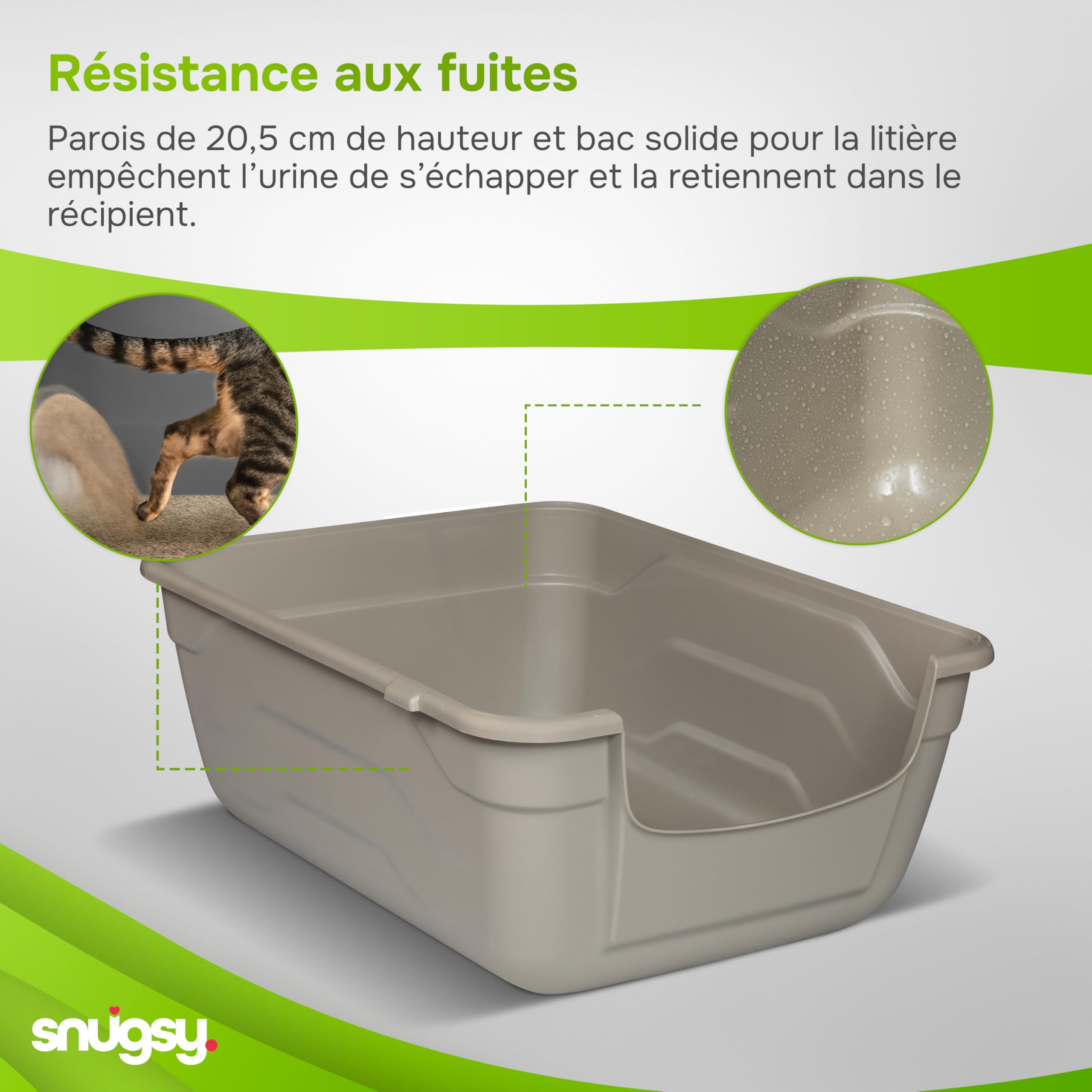 Bac à Litière pour Chat avec Bords Hauts - L - Litière Ouverte - Facile à Nettoyer - Gris 50 x 38,5 cm