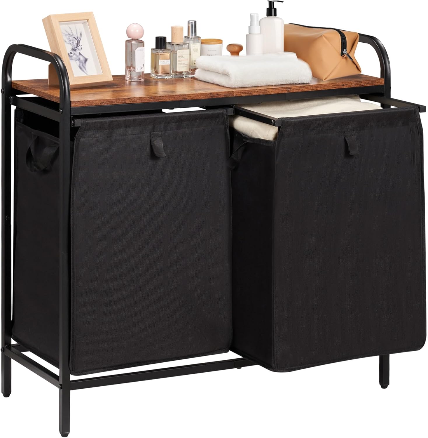 Laundry Room Organization 2 Section Laundry Hamper with Shelf and Removable Bags for Clothes Sorting