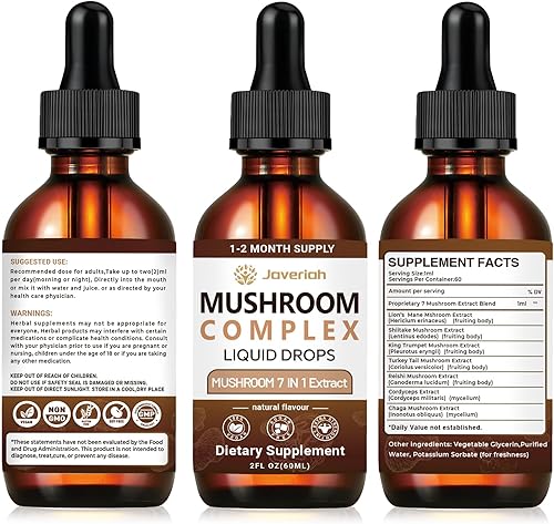 Miniatura 8 de Suplemento de gotas líquidas complejo de hongos  melena de león, shiitake, trompeta rey, cola de pavo, reishi, cordyceps y chaga, tintura vegana 7