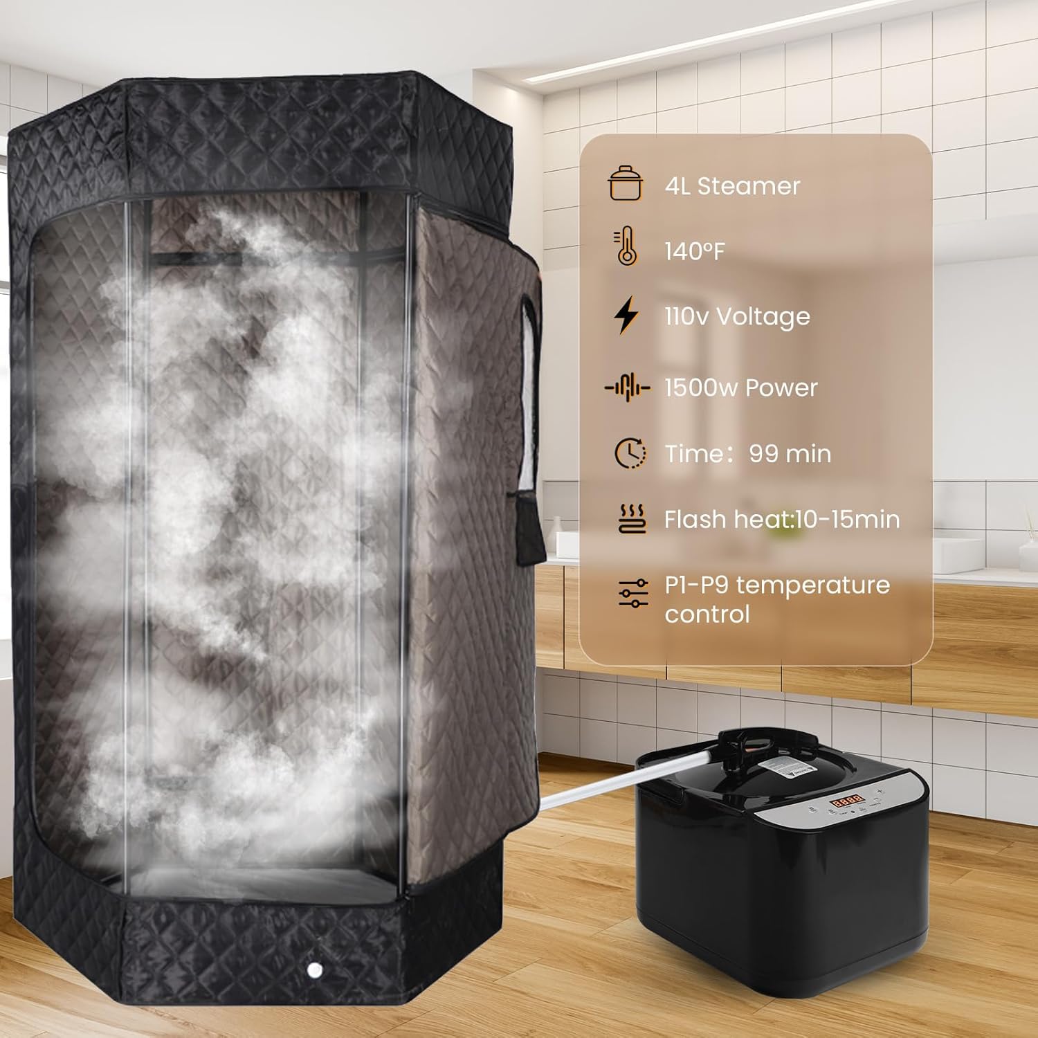 PEEKO Larger Sauna Steamer 4L, 1500W Steam Generator,Steamer Pot with Remote Control, Steam Cup, Timer, 16 Levels, 7.7”x 12.5”x9.1”，