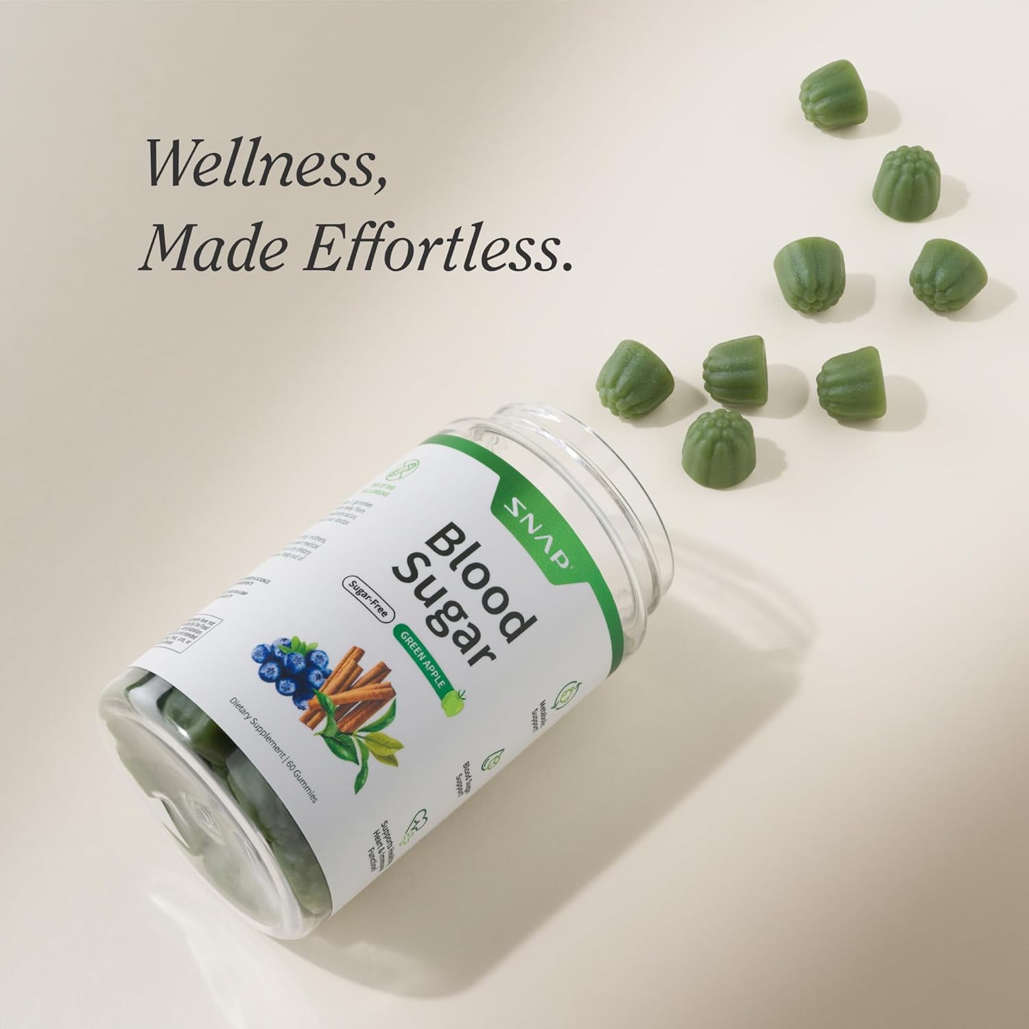 Snap Supplements Blood Sugar Gummies, Support Already Healthy Blood Sugar Levels, Cinnamon Bark and Blueberry Fruit Extract, Green Apple Flavor, 60 Gummies
