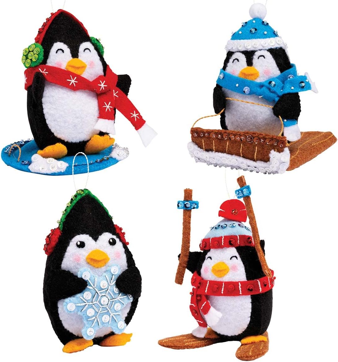 Bucilla Felt Applique 4 Piece Ornament Making Kit, Penguins at Play, Perfect for DIY Arts and Crafts, 89496E