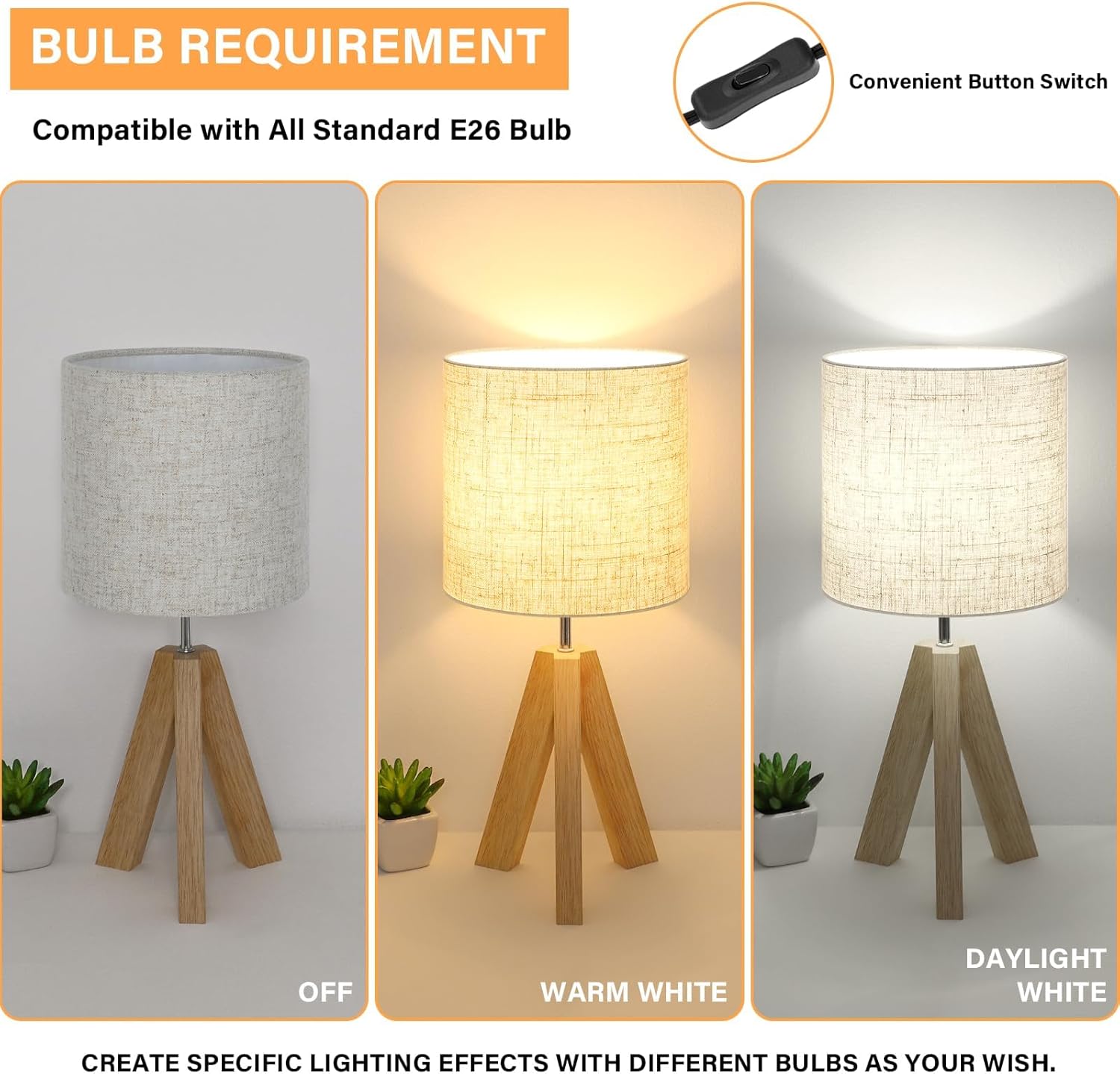 Small Table Lamp, Wooden Tripod Nightstand Lamp with Linen Fabric Shade, Cute Boho Modern Bedside Nightstand Lamp for Bedroom, Living Room, Nursery, Kids Room, Office, Dorm, Bulb Not Included