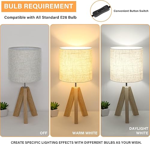 Miniatura 9 de Brightever Lámpara pequeña de mesita de noche, lámpara de mesa moderna con trípode de madera con pantalla de tela de lino gris, lámpara de mesita de