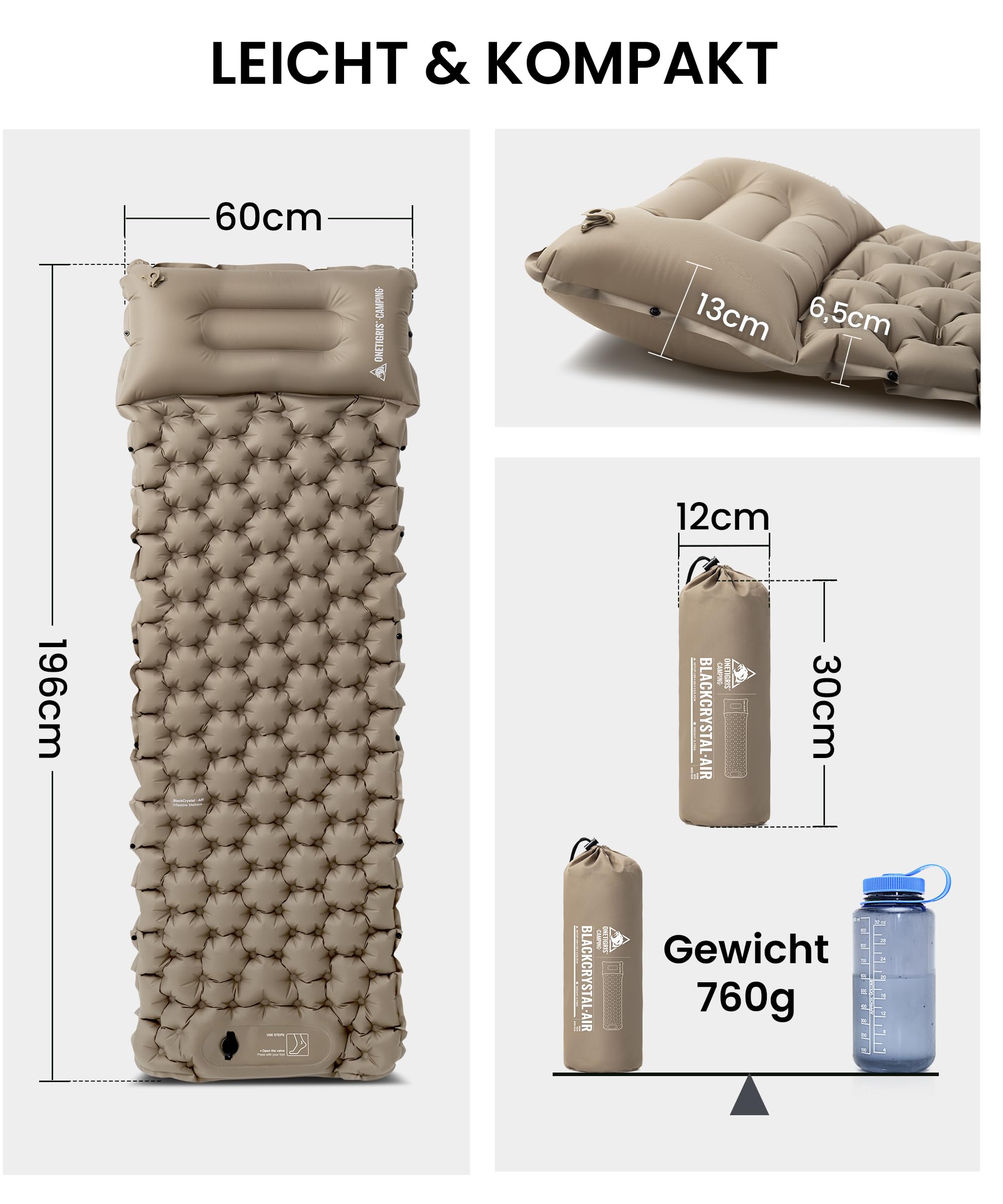 OneTigris Blackcrystal Colchoneta autoinflable ultraligera, colchón hinchable para camping con almohada, colchón de aire compacto para camping y senderismo (marrón coyote)