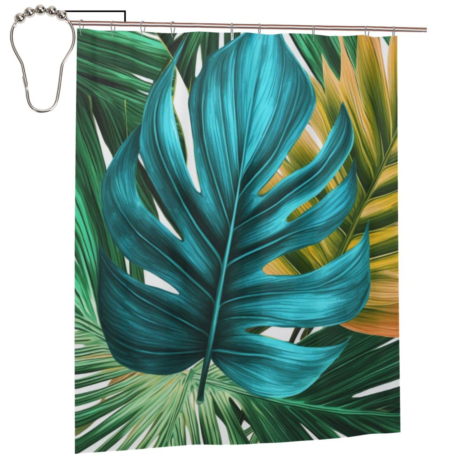 BWWHCCTI Tropical Palm Leaf Printed Shower Curtain With 12 Iron Hooks Opaque Quick Drying Waterproof Shower Curtains Sets For Bathroom 152x183 Cm