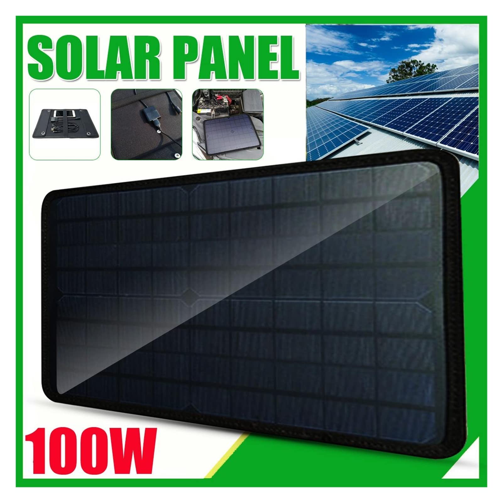 Panel Solar, Cargador de panel solar monocristalino de 100W 5V DC Salida con enchufe de cigarrillo de automóvil + cable de clip de cocodrilo de carga de batería
