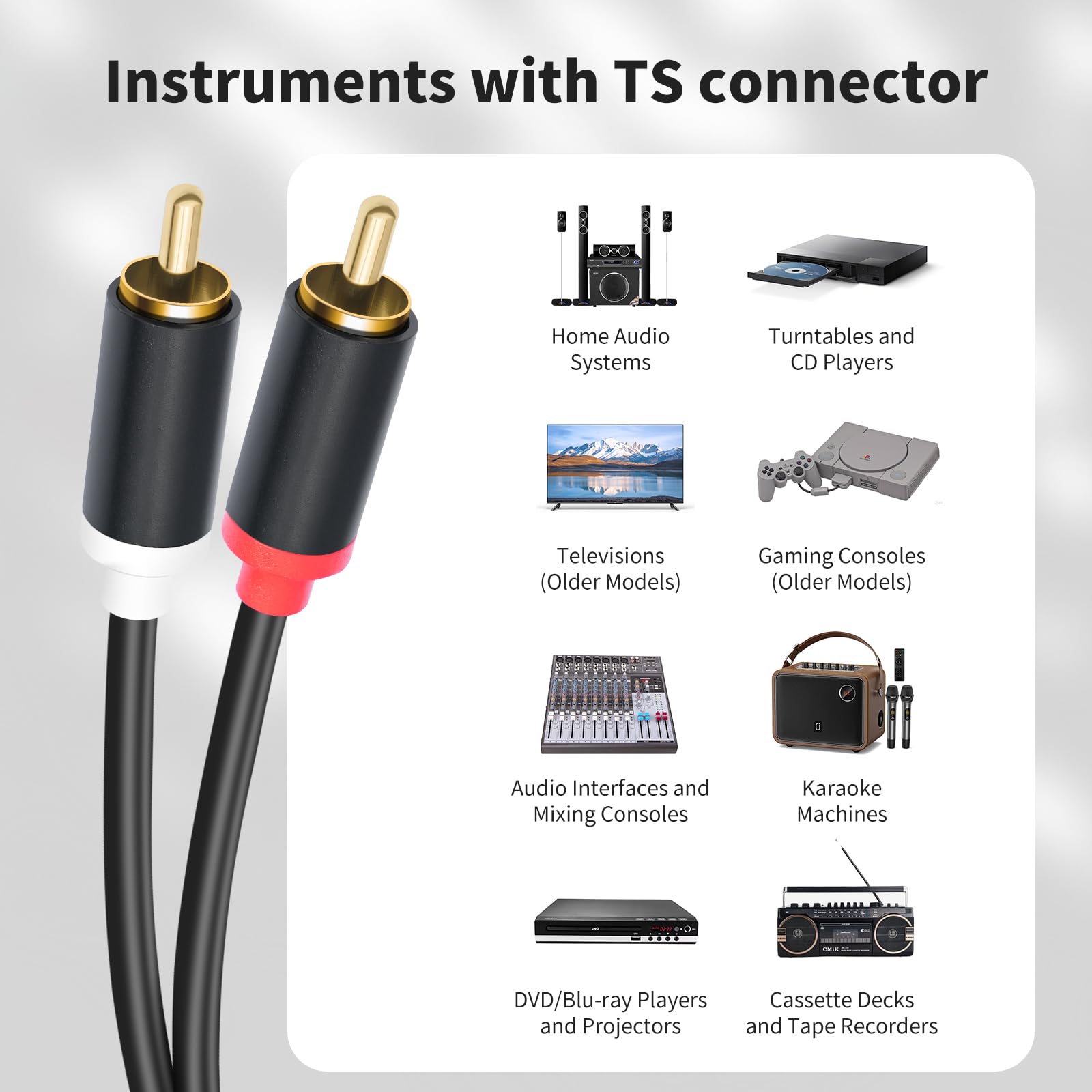 Cavo di interconnessione audio stereo doppio da 1/4 TS a doppio RCA, 1,5 m, guscio in rame placcato oro, resistente, 2 x 6,35 mm maschio TS a 2 RCA maschio cavo adattatore