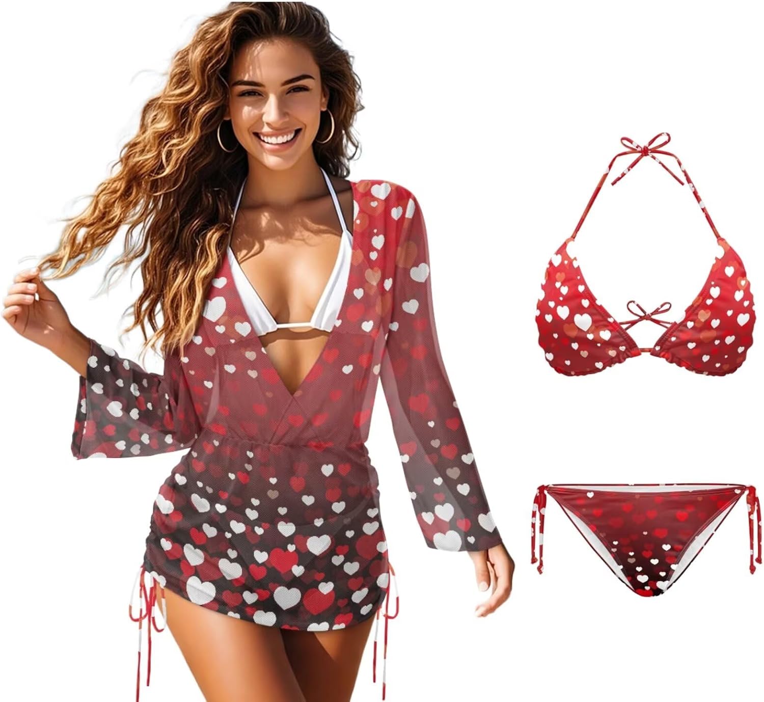 ZFRXIGN Womens Bathing Suit 3 Piece Triangle Bikini Set with Mesh Long Sleeve Cover up Beach XS-2XL