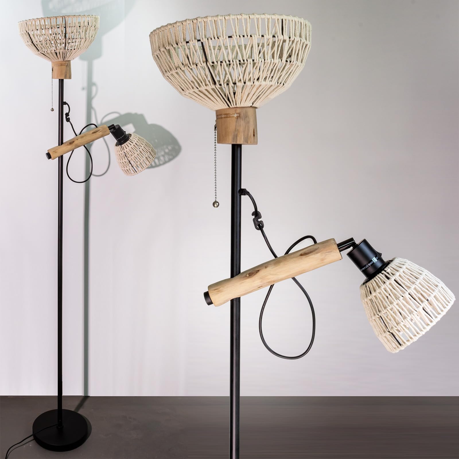 Stehlampe mit 2 Schirmen, Boho-Industrial Design, 163 cm | Metall-Holz-Kombination, Praktischer Schalter, Ohne Glühbirnen, Für Wohnzimmer