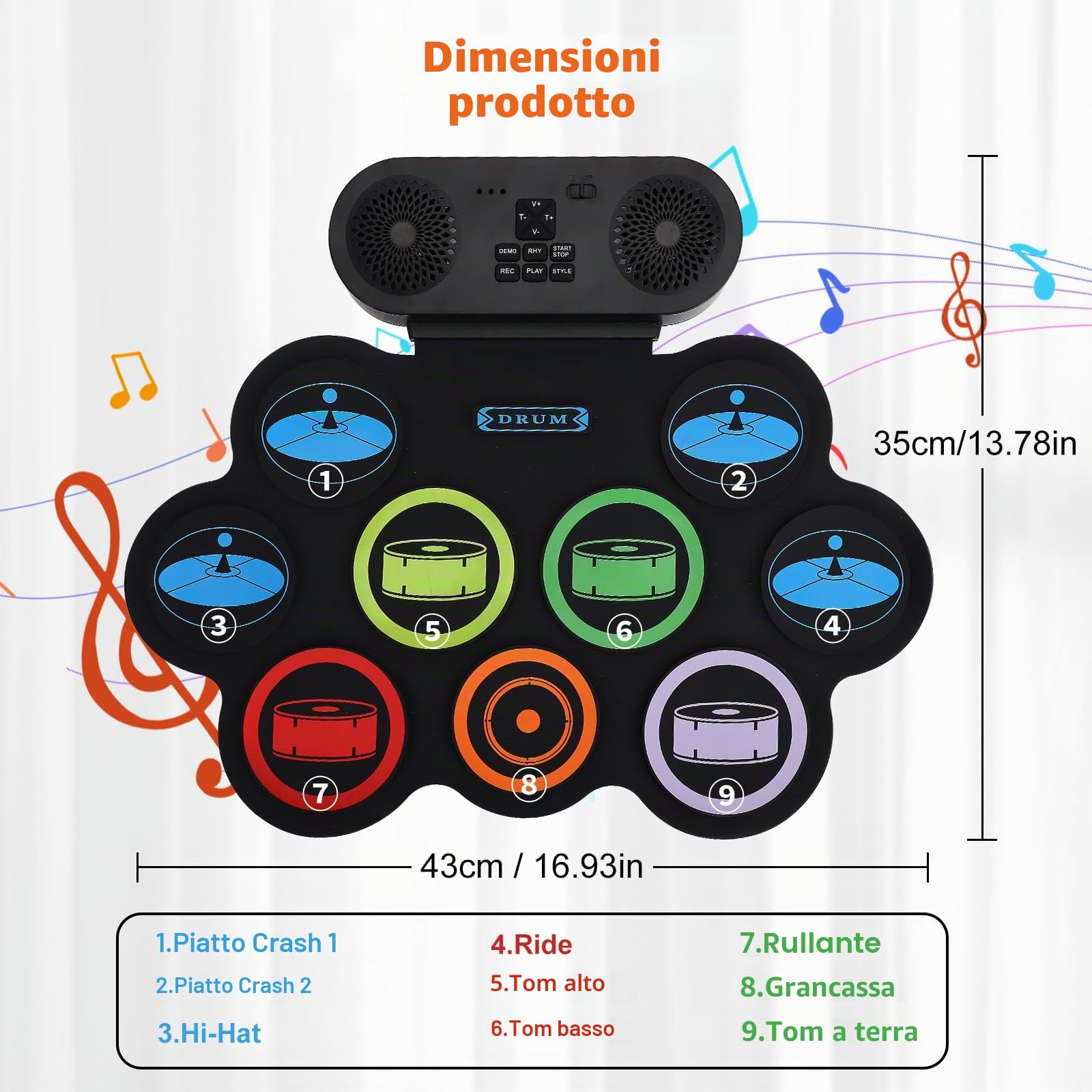 Kit di batteria elettronica Portatile con 9 Drum Pad,doppi altoparlanti stereo,Kit batteria arrotolabile con pedali e bacchette,supporto cuffie/Bluetooth/MIDI,Regalo per bambini principianti