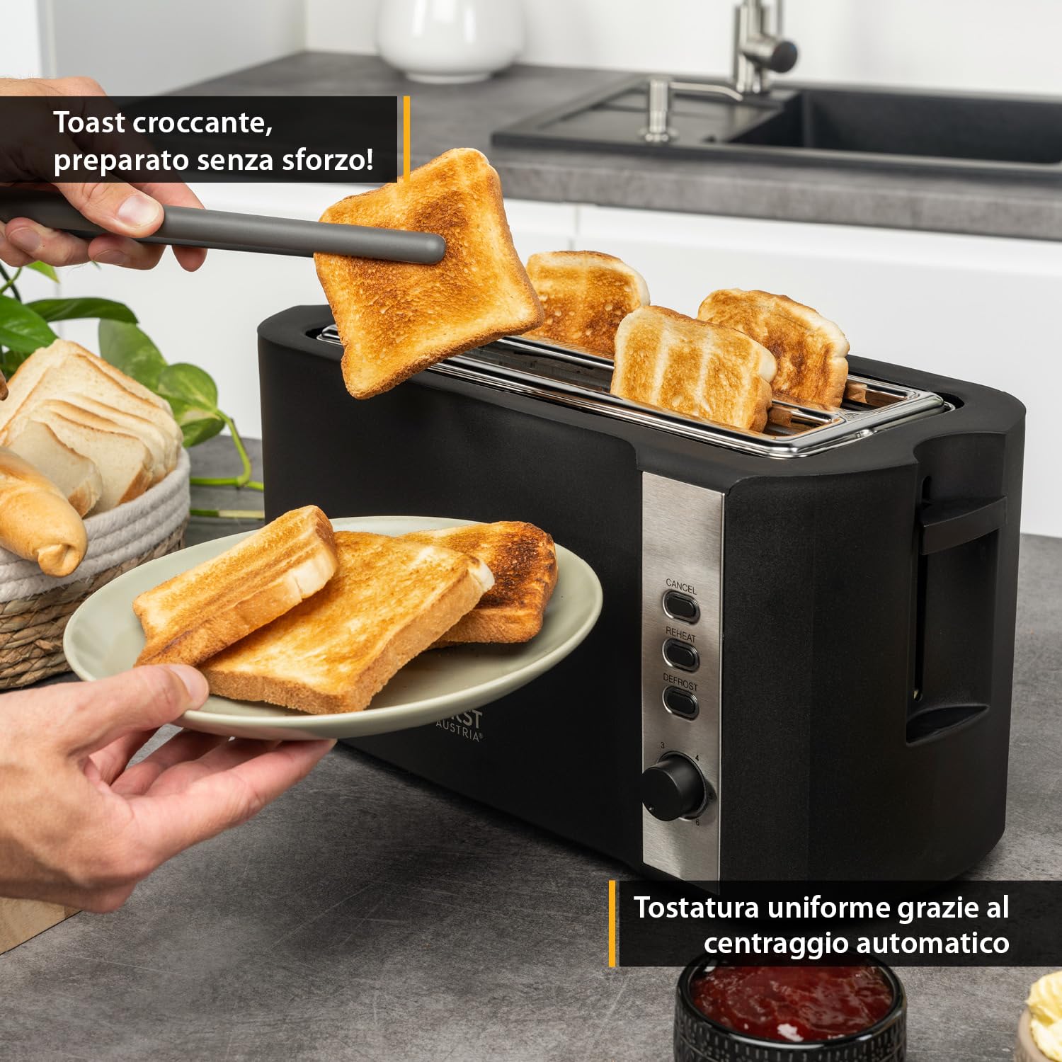 TZS First Austria – Tostapane in acciaio inox a fessura lunga 4 fette – con accessorio panini e vassoio raccogli-briciole – 6 livelli di doratura, funzione scongelamento, 1500W, nero opaco