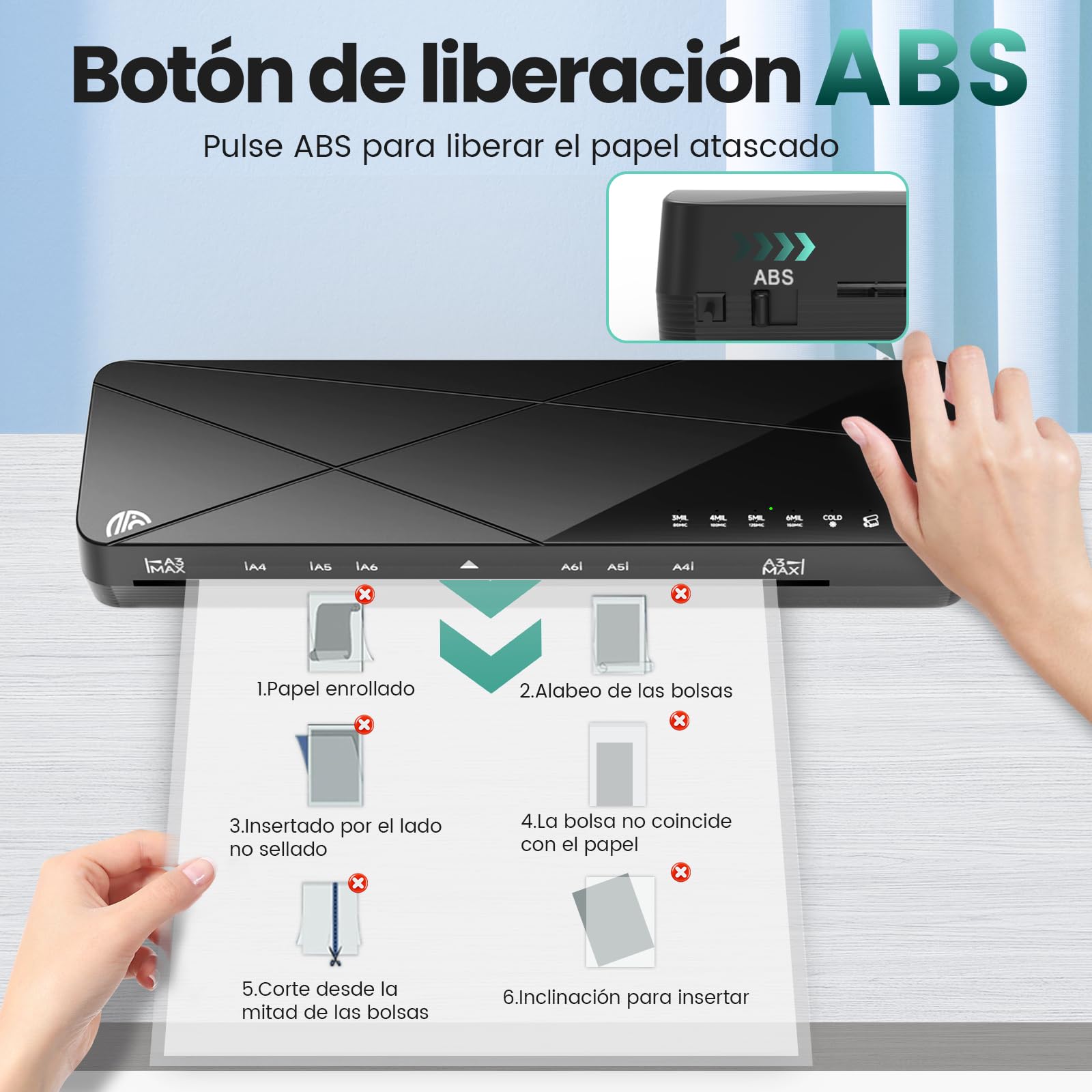 Máquina de Laminadora Plastificadora A3 A4 A5 A6 con 6 Modos y Apagado Automático Frío y Caliente