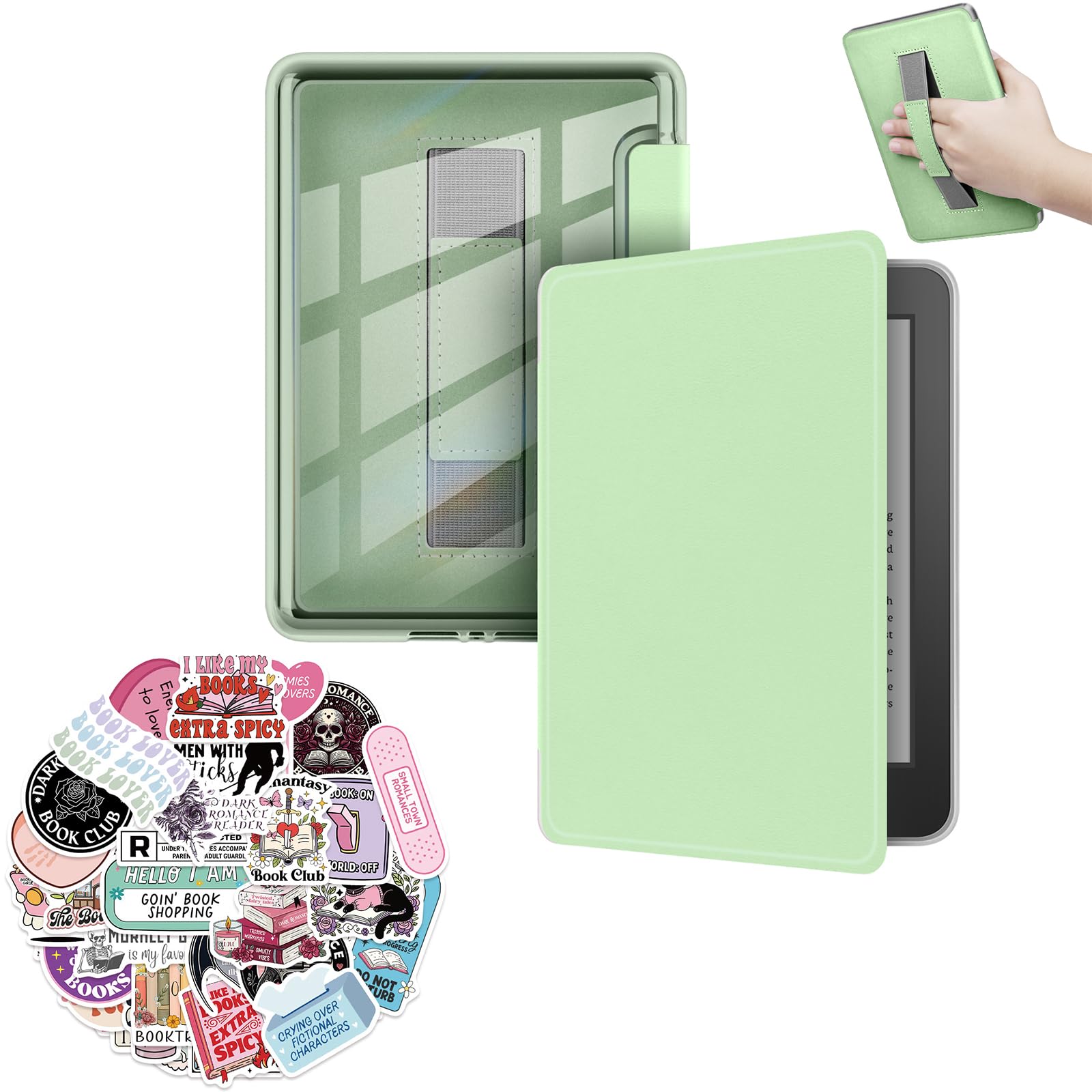 Schutzhülle für Kindle Paperwhite 12th Generation 2024 17.8 cm & Kindle Colorsoft Signature Edition 17.8 cm, mit Aufklebern, PU-Hülle + transparente TPU-Hartschale mit Handschlaufe