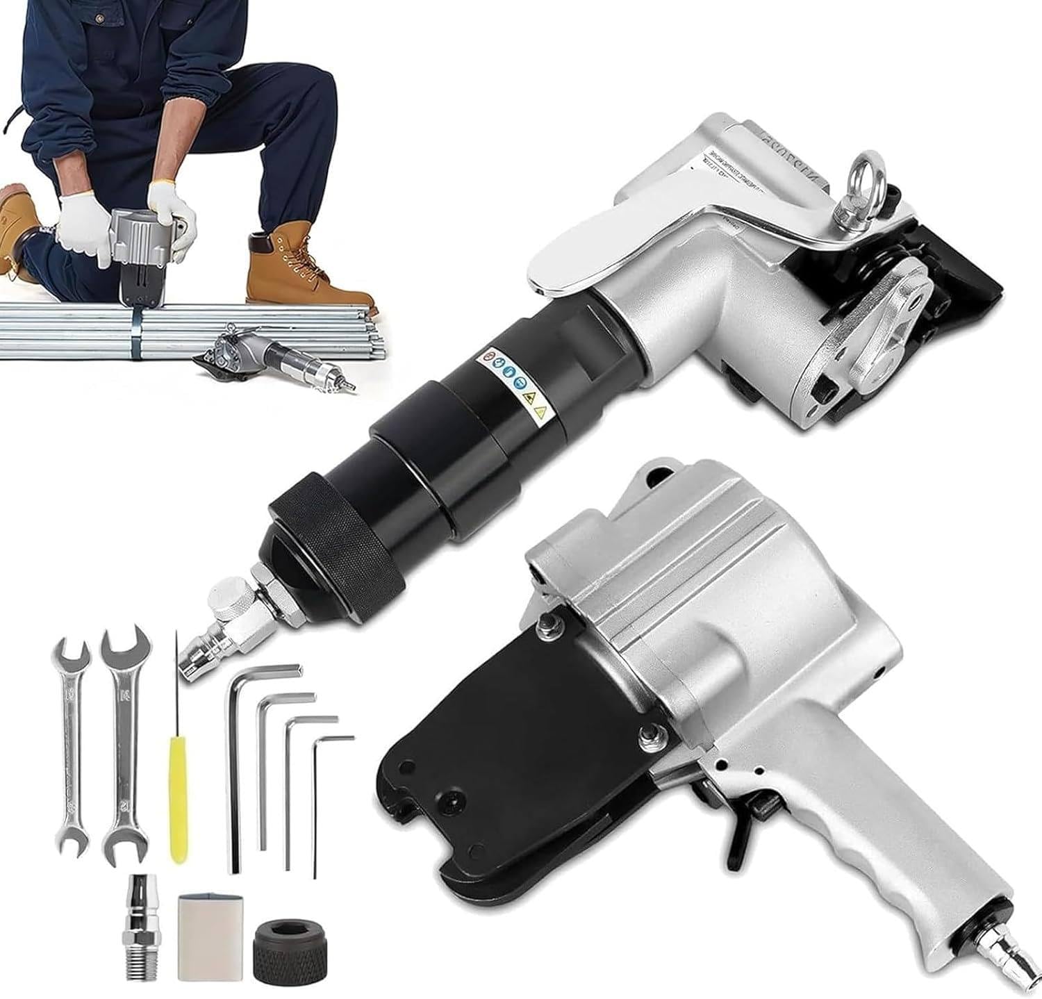 JozyJul Pneumatic Steel Strapping Tools Metal Banding Machine Heavy Duty Tensioner and Cutter Sealer for 0.75-1.26 inch Width Metal Belt, Portable Packaging 19mm