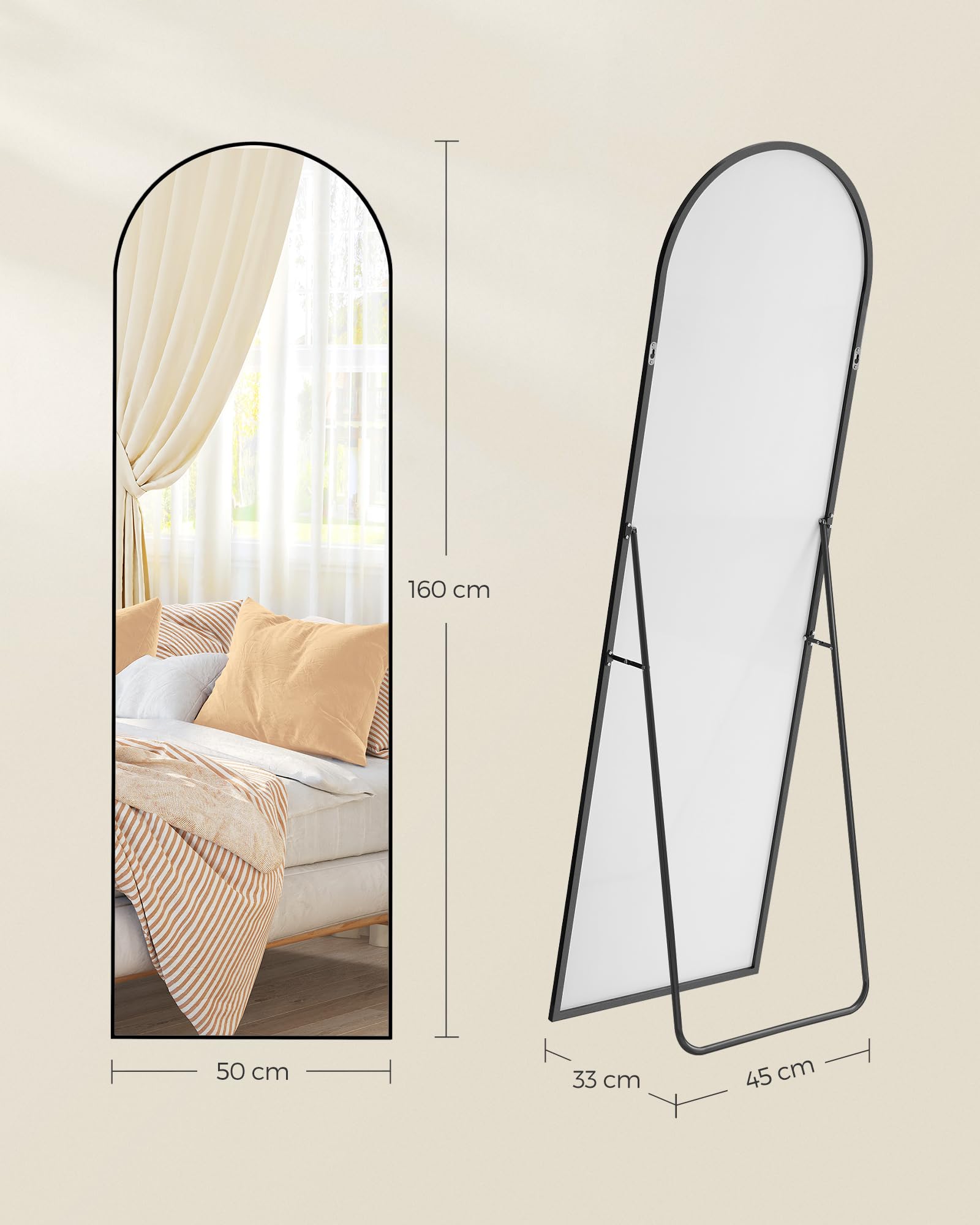SONGMICS Espejo de Cuerpo Entero, 160 x 50 cm, Espejo Arqueado con Soporte, con Marco de Aleación de Aluminio, Cristal Templado, para Dormitorio, Salón, Vestuario, Navidad, Negro Tinta LFM031B01