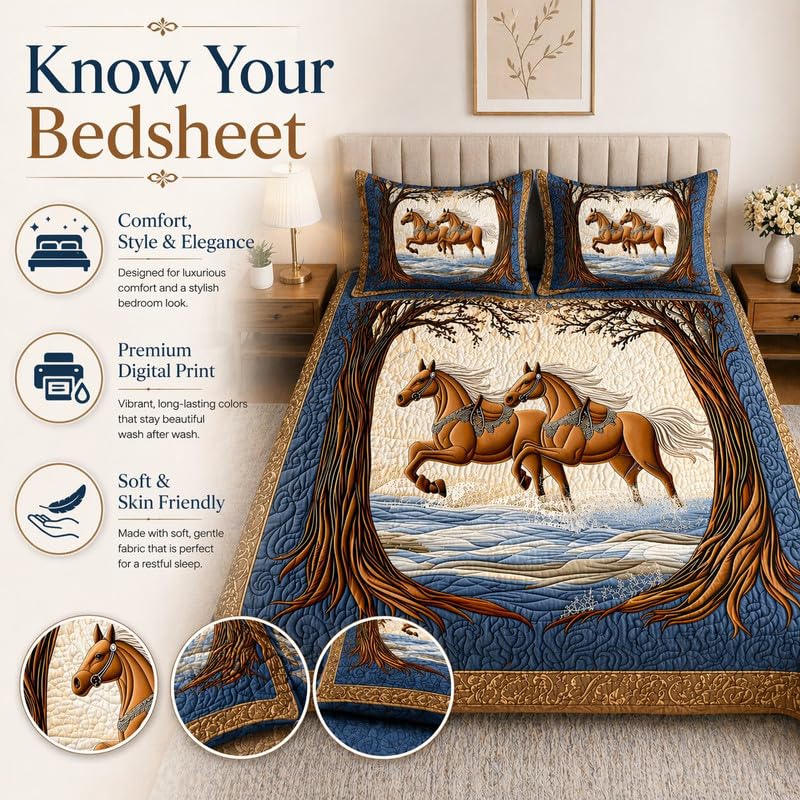 Image of Akshya Double Bedsheet King Size (90x100 Inch) with 2 Pillow Covers | 300 TC Microfiber Soft Bedsheet | Blue Horse Printed Designer Bedsheet for Double Bed