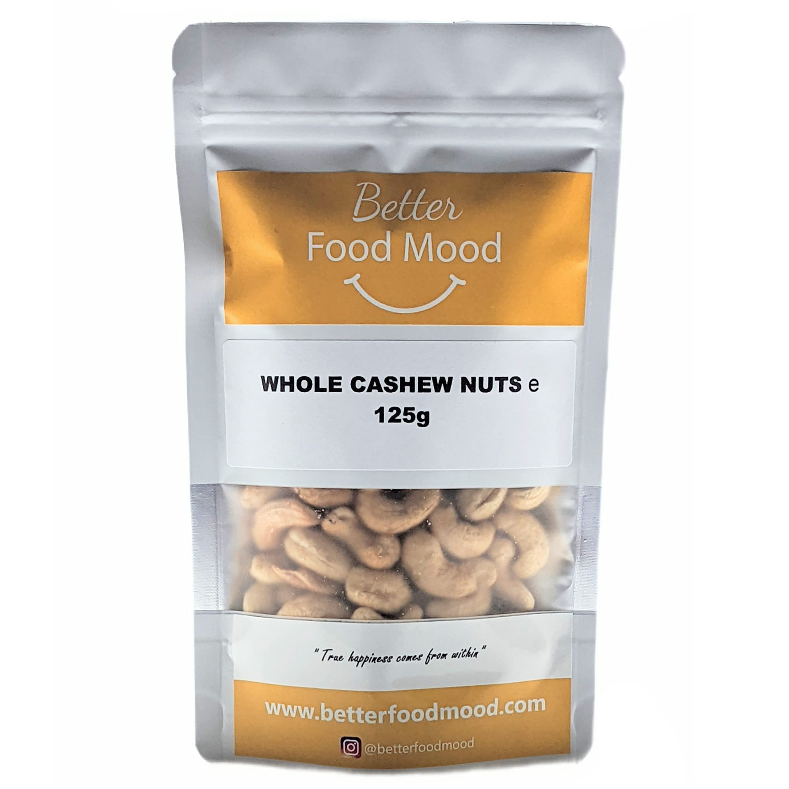 BetterFoodMood Premium Whole Cashew Nuts 125g Snack Packs | Rich in Copper, Magnesium, Manganese & Antioxidants Immunity Support Energy Production Use Oatmeal, Eat Raw Or Roast as a Snack, Cream
