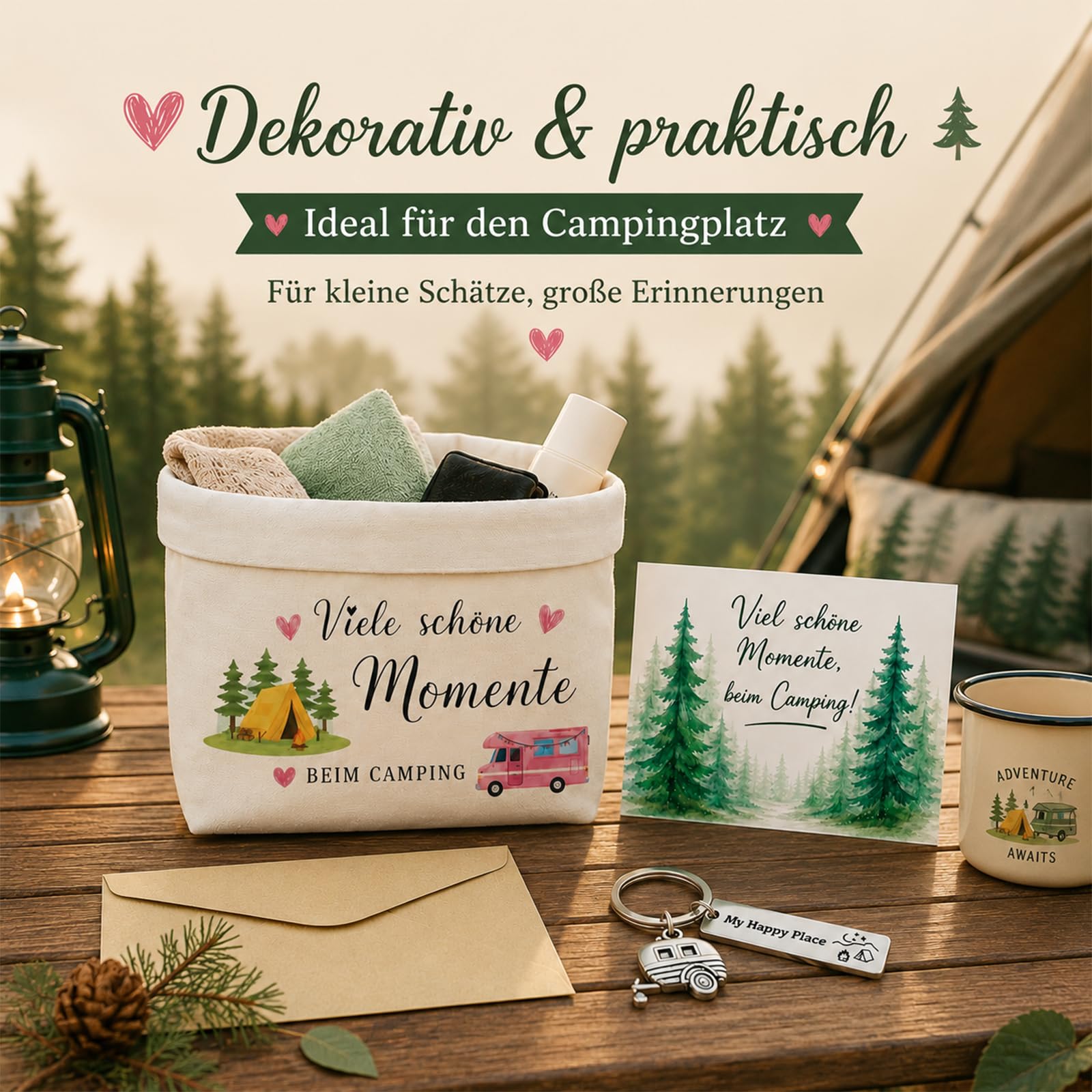 Camping Geschenke Set 4-Teilig, Camper Geschenke Brotkorb Stoff Mit Karte, Schlüsselanhänger Und Umschlag, Wohnwagen Deko Picknick Tasche, Wohnmobil Gadgets Für Frauen Männer