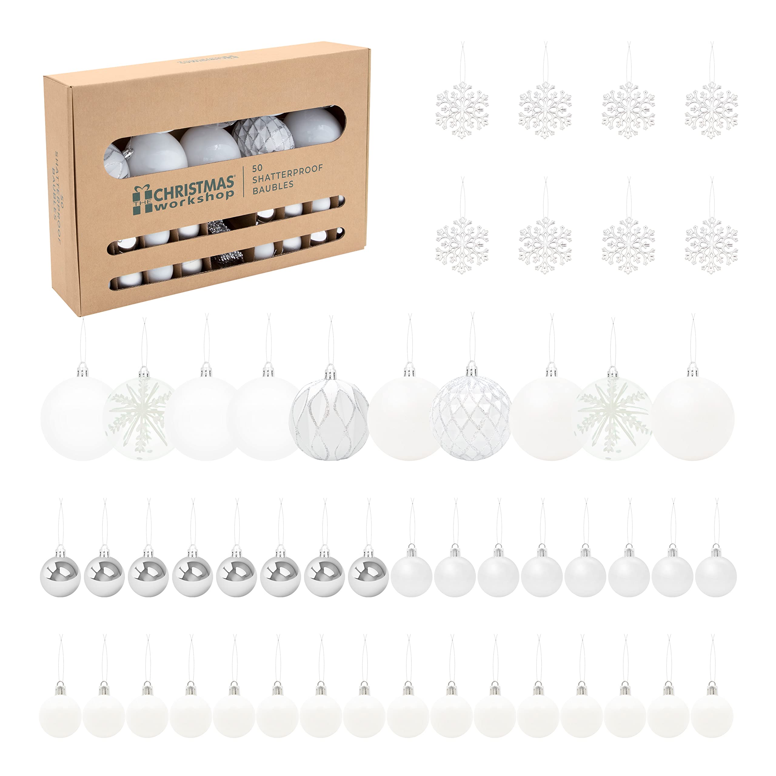 The Christmas Workshop Set of 50 Shatterproof Textured Baubles/Elegant Festive Designs/Christmas Tree Decorations with Hanging String/Various Sizes and Styles (White)