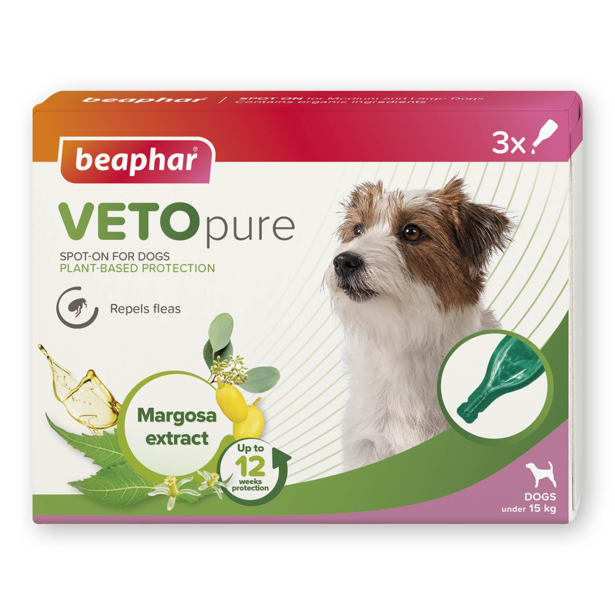 Beaphar Vetopure Plant-Based Protection Flea Spot-On For Dogs Under 15Kg - 3 Pipettes - 10170083  