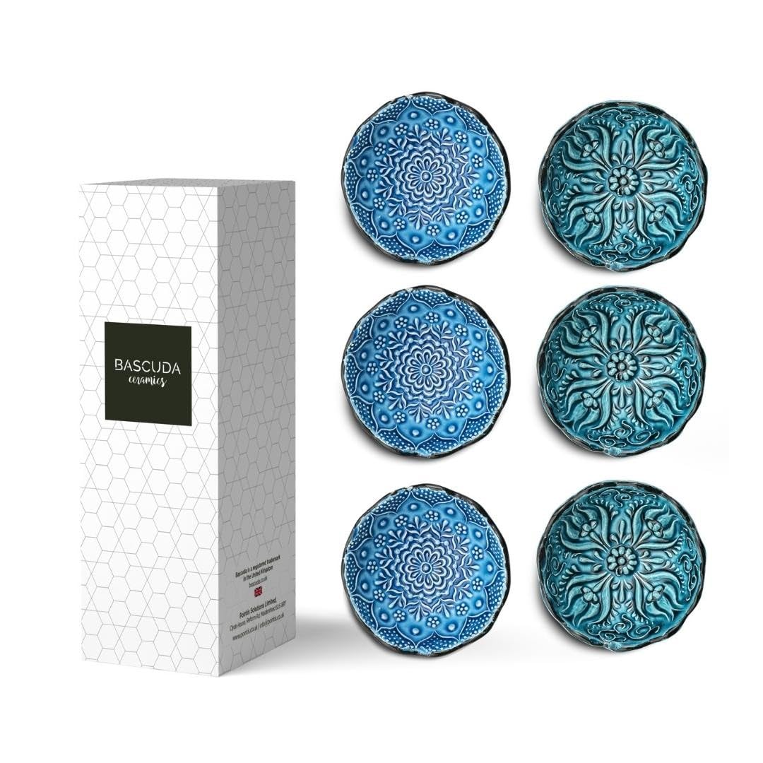 Bascuda Small Ceramic Dip Bowls Set of 6 – Iznik Series | Aegean Whirl – 8cm – Hand-Embossed Motifs | Small Ramekins for Dips, Sauces, Condiments – Dishwasher Safe – Stylish Tableware for Kitchen