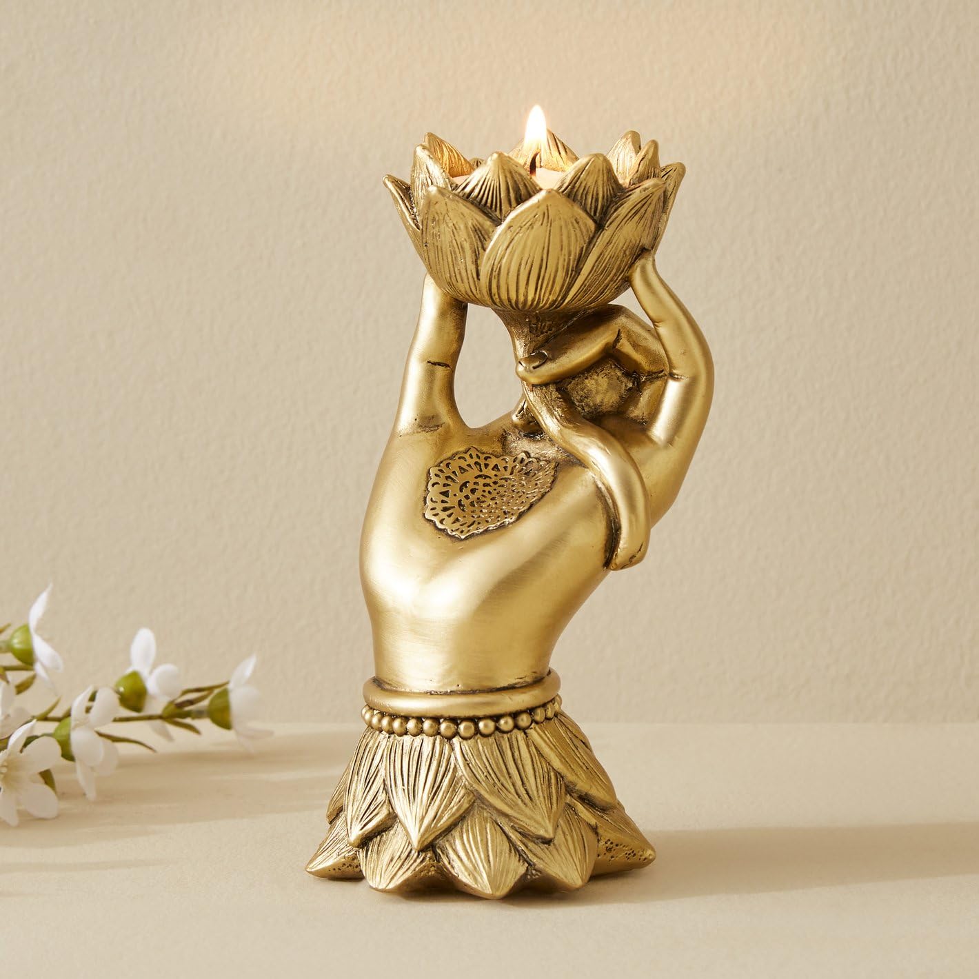 Karigaari India Lotus in Hand T-Light Holder | Decorative Tealight Candle Holder for Home Decor, Puja Room & Festive Lighting | Spiritual Diya Stand, Votive Holder-image-28