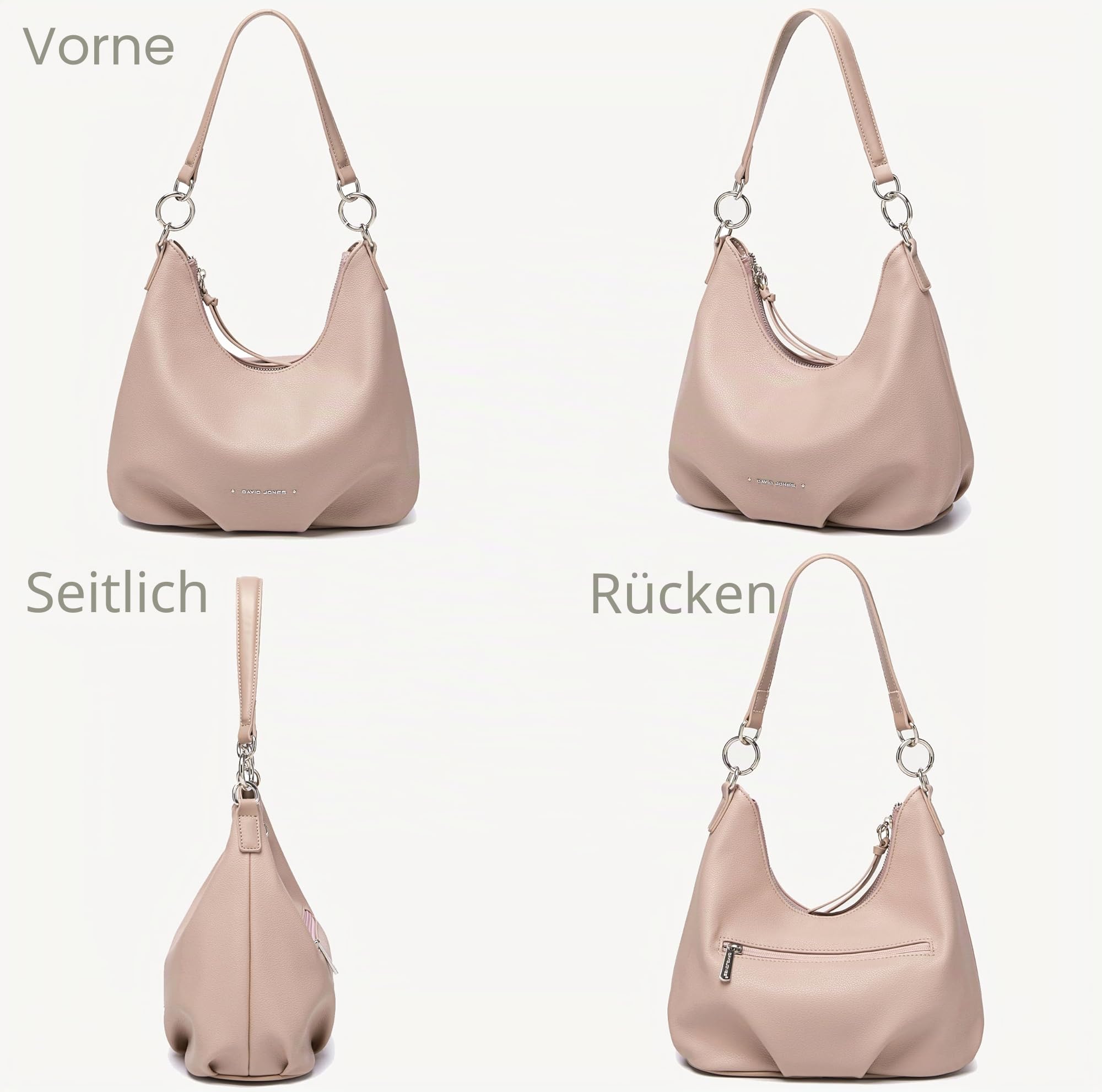David Jones - Hobo Bag Damen, Mittelgroße Schultertasche PU Leder, Rosa