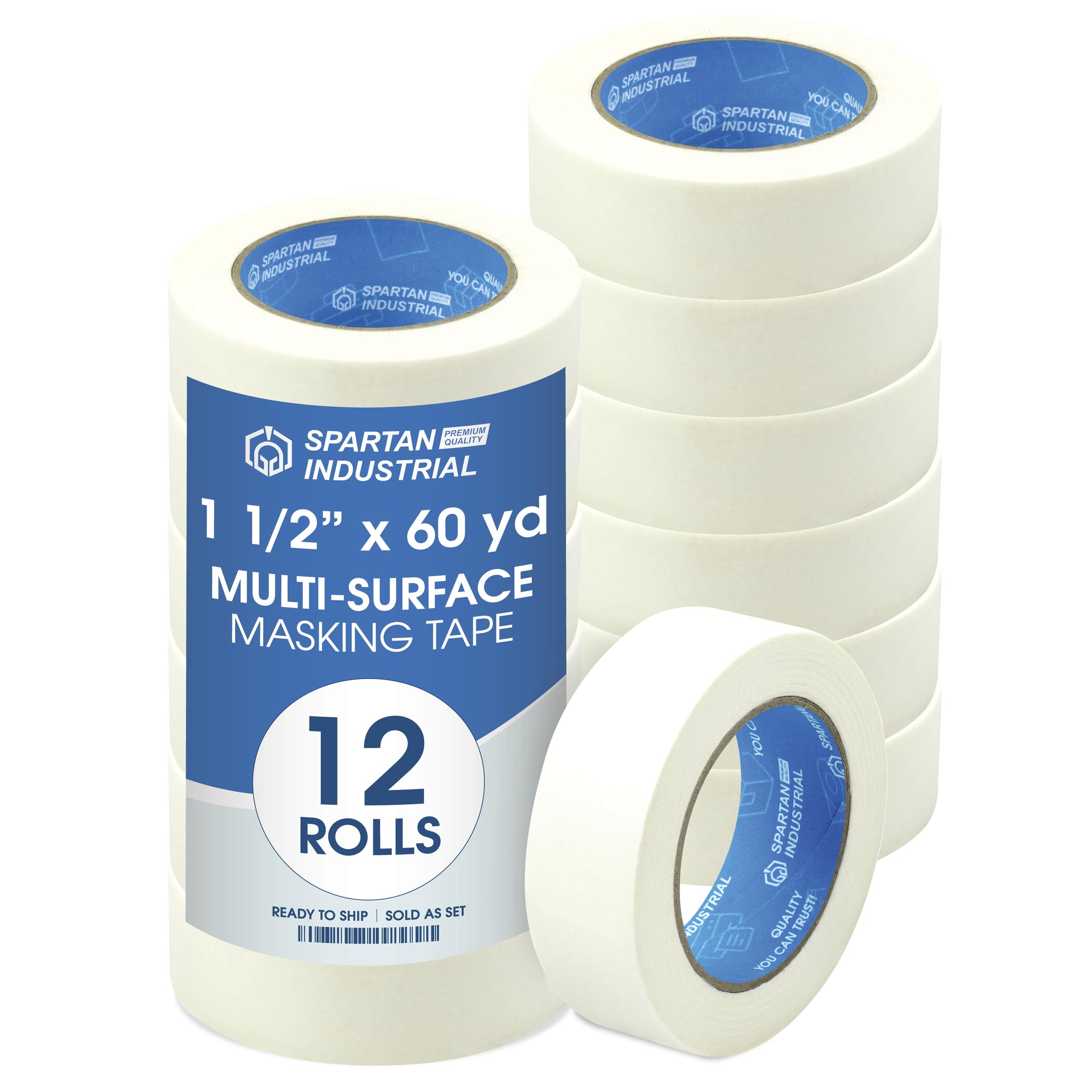 SPARTAN INDUSTRIAL - 1.5" X 60 yd Masking Tape for Construction, Painting, Crafts, and More - 12 Rolls of Removable Tape, 5.5 Mil