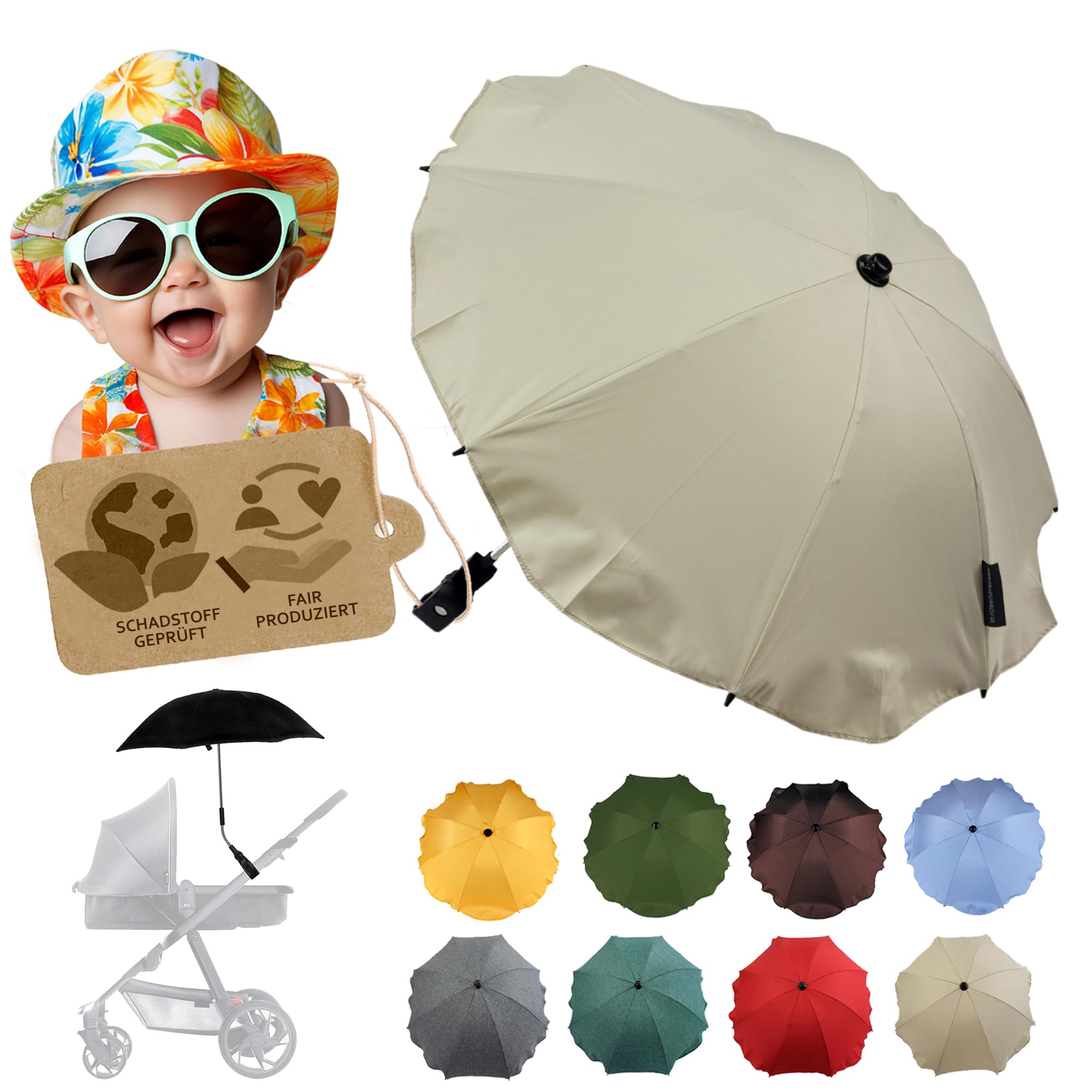 BambiniWelt by Rafael K. Sonnenschutz universal [Sonnenschirm für Kinderwagen] Buggy UV Schutz 50+ mit Universalhalterung biegsamer Schirm für Rund- und Ovalrohre verstellbar