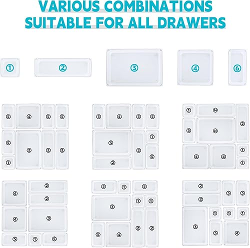 Miniatura 4 de Juego de organizadores de cajones de plástico transparente, paquete de 16 bandejas organizadoras versátiles de 5 tamaños y contenedores de