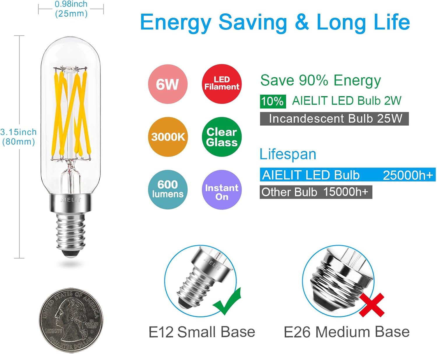 Dimmable T8 Antique LED Light Bulb, E12 Small Candelabra Base, 60W Equivalent Tube Soft White 3000K, 600 Lumens, 6-Watt Filament Edison Bulb for Chandelier, Home, Clear Glass (8-Pack)