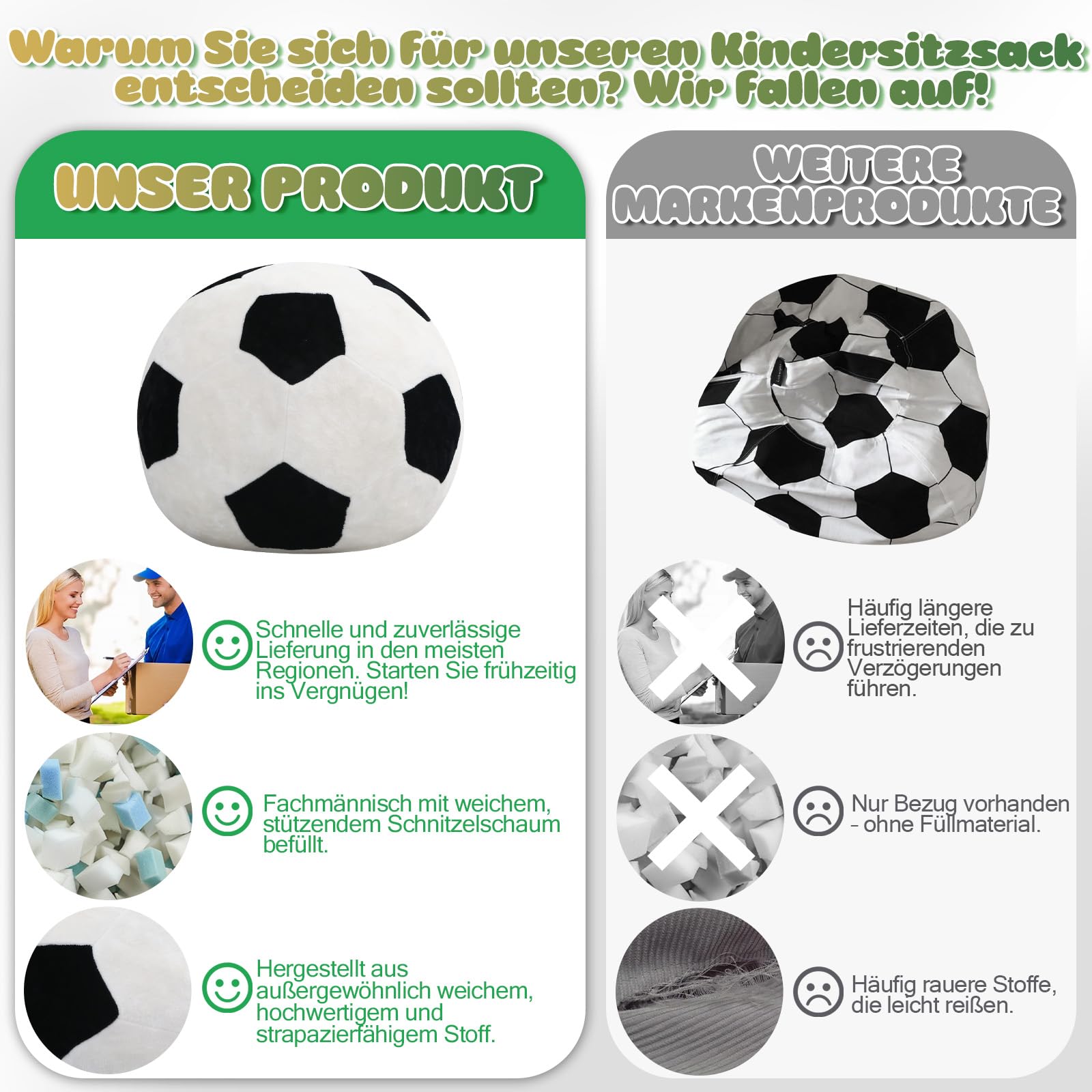 MeMoreCool Sitzsack Kinder Fußball Design – Weicher Flanell Beanbag mit Hochdichter Schaumstoff-Füllung, Gemütlicher Sessel für Jungen & Mädchen im Kuschelecke Kinderzimmer & Spielzimmer