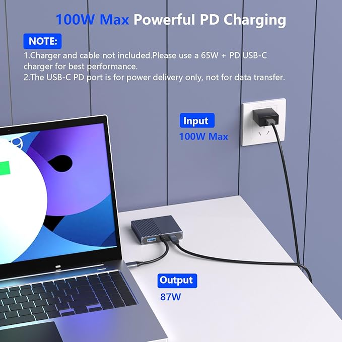 Adaptador USB C a Dual HDMI para 2 Monitores, Hub 4 en 1 con USB 3.0 y Carga PD 100W miniatura 8