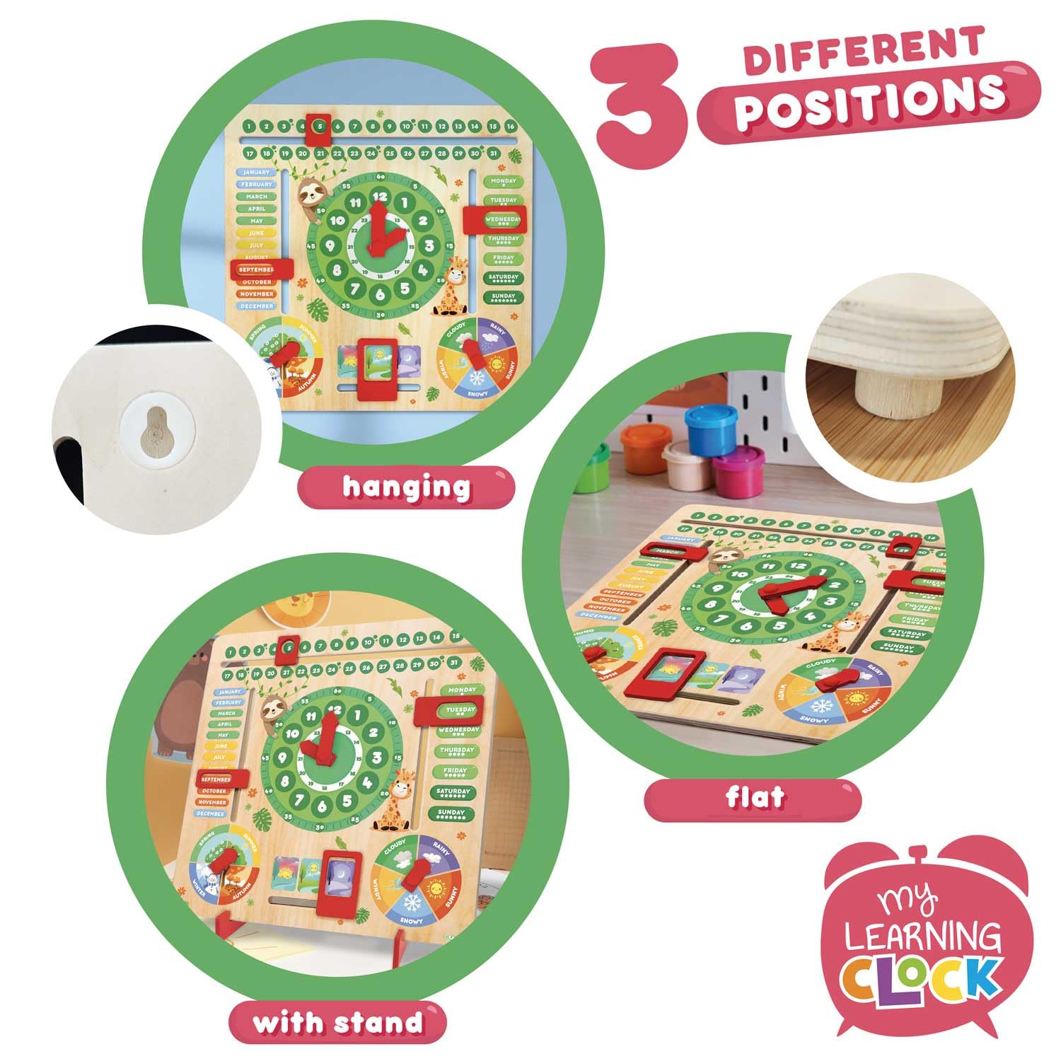 CRAZE Reloj de Aprendizaje en Inglés para Niños, Horas, Clima, Meses, Días de la Semana... Juego Educativo Fabricado en Madera, con Diseños de Animales