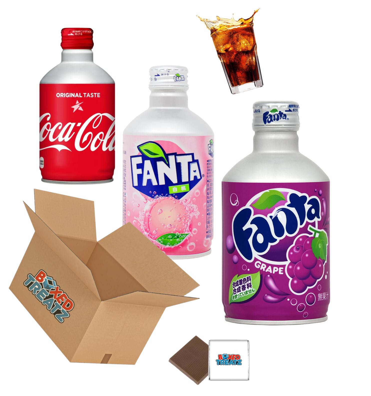 Japanese Soda Metal Bottle - Coke Regular, Fanta Grape & Fanta White Peach 300ml (300ml) Screw Lid Canned Drinks Boxed Treatz (1Pcs Each (3x300ml))