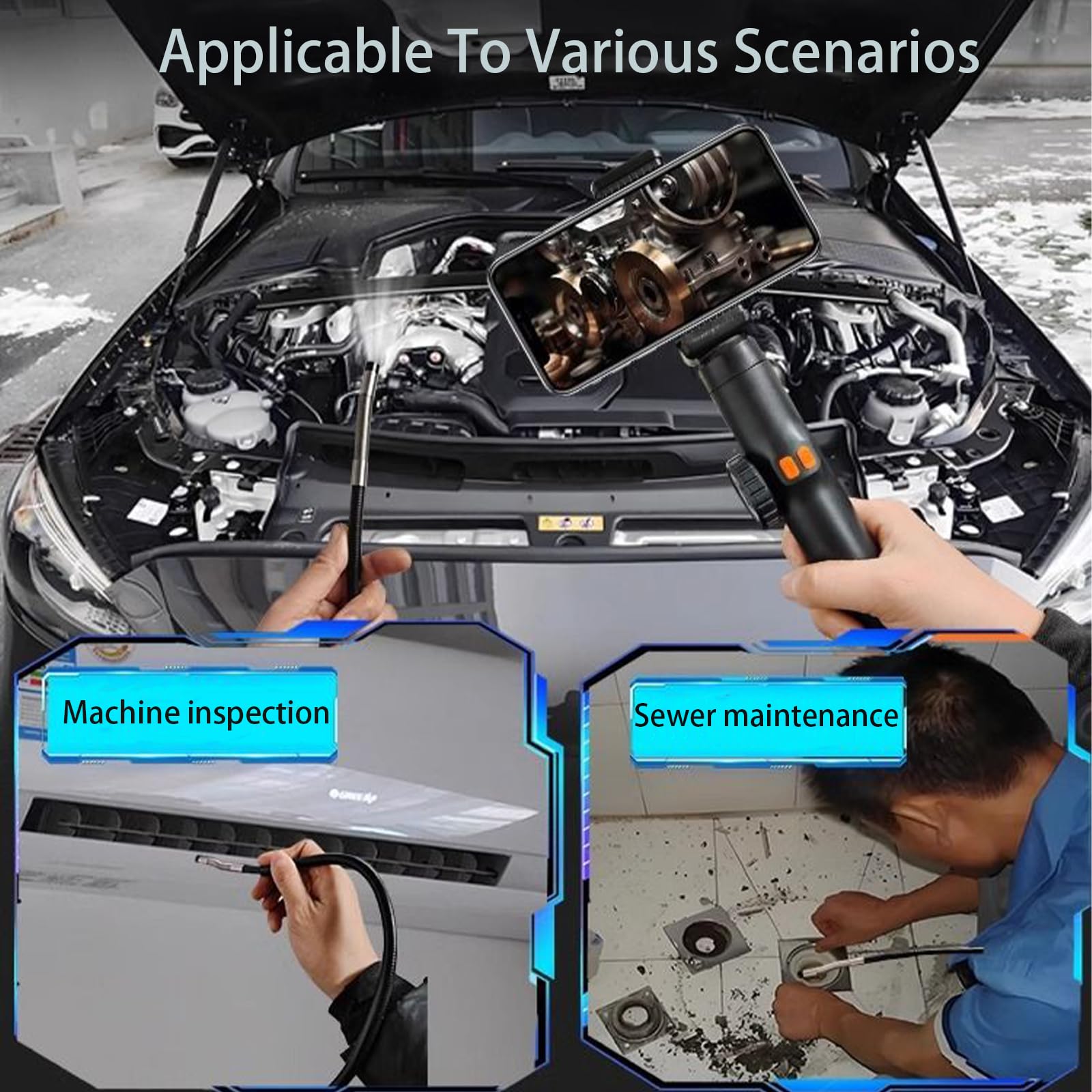 Cámara de inspección endoscópica de doble lente, cámara endoscópica articulada de 360°, endoscopio con luz, lente de 6 mm, sonda impermeable IP67, 6 LED, para HVAC, fontanería, automoción, eléctrico