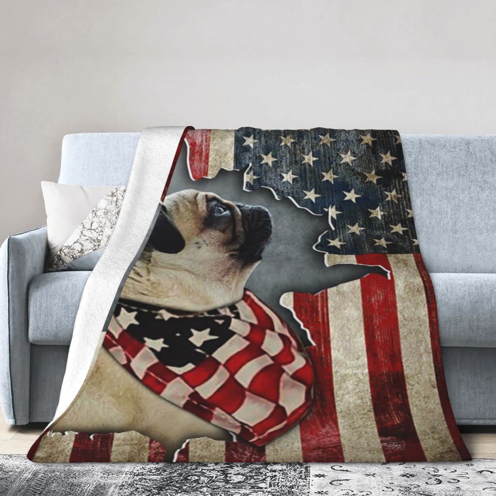 Lsjuee Flannel Fleece Blanket 50"X40" Pug Happy 4th of July. American Us Sofa Throw Blanket Funny Ultra-Soft Travel Winter Blankets for Couple Keep Warm
