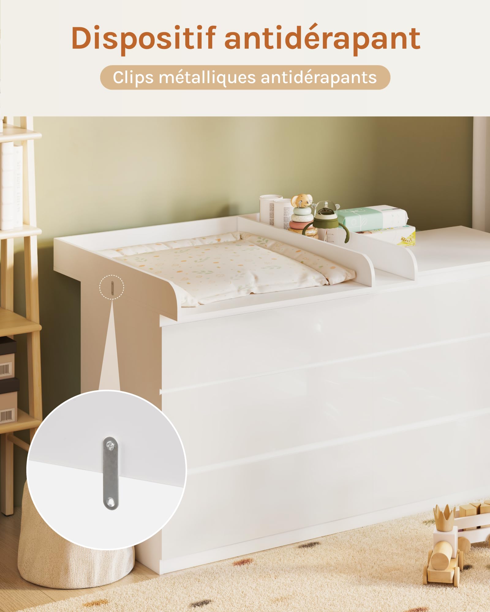 WOLTU Plan à Langer pour Commode, Table à Langer Accessoires, avec Cloison de Séparation, 80x8,5x74,5 cm, Fixation Sécuritaire, en MDF, Blanc