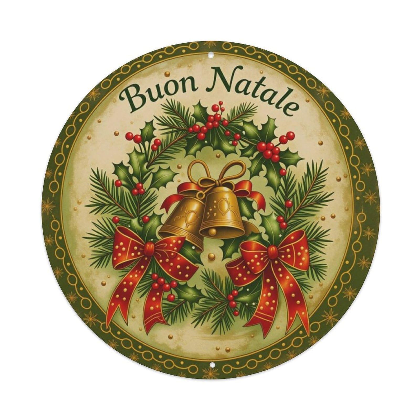 Italian Christmas Bell Holly Vintage Round Decor Sign Vintage Aluminium Metal Sign, Retro Wall Decor for Home, Bar, Garage & Farmhouse 20x20cm