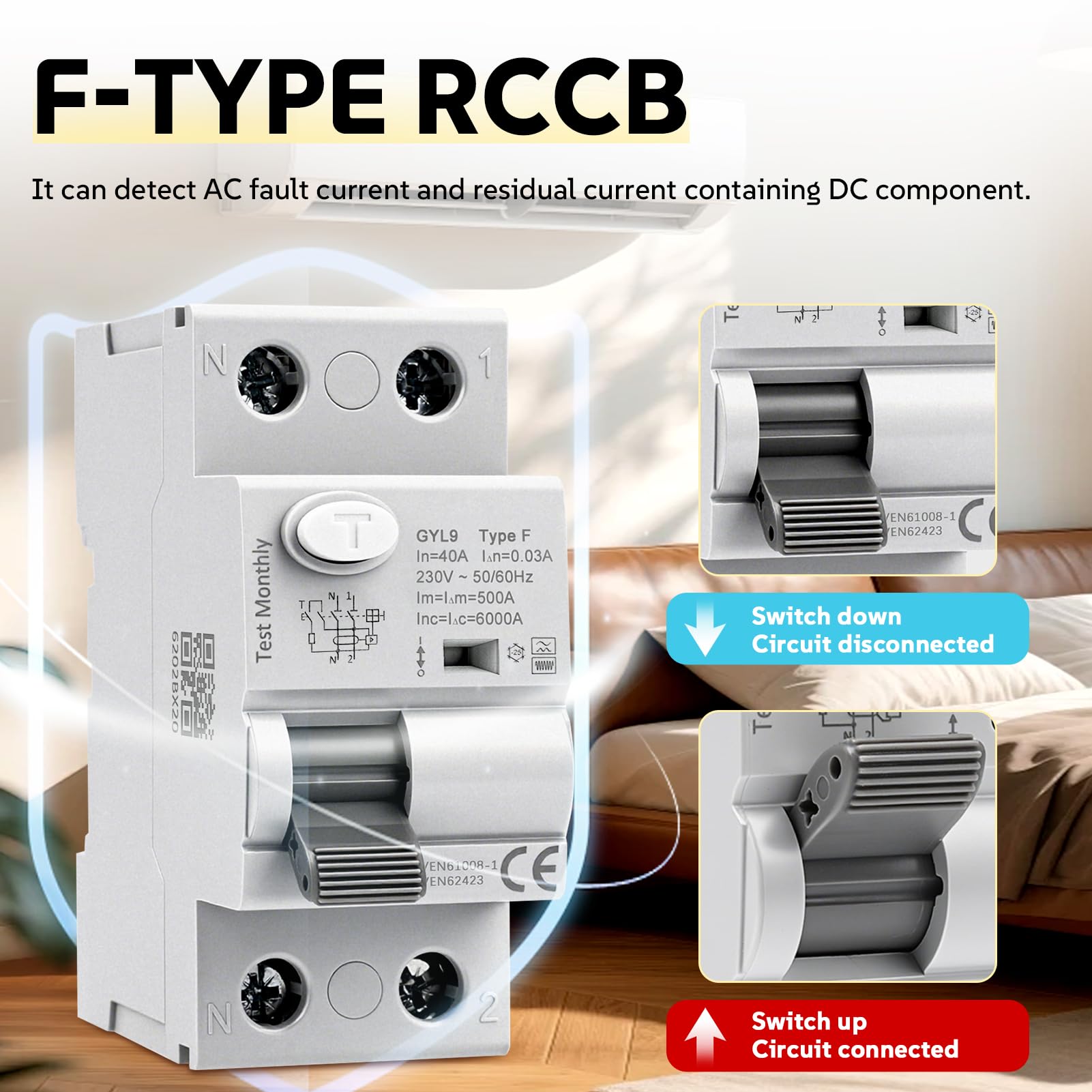 Disjoncteur différentiel 30mA 40A Type F 2 pôles interrupteur différentiel 40A 30mA 6kA 2P AC230V RCCB disjoncteurs électriques adapté aux équipements monophasés à charge variable GYL9