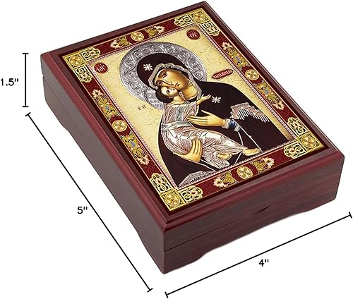 Miniatura 5 de Needzo Rosario Caja de iconos de Madonna Caja de Virgen María de Vladimir para cuentas de oración, joyería de Madonna y Cristo soporte de madera