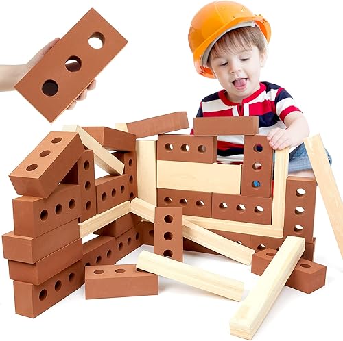 Miniatura 1 de DEEKIN 25 bloques de construcción de ladrillo de espuma y 12 bloques de construcción de haz de madera de espuma, bloques de ceniza gruesos, grandes