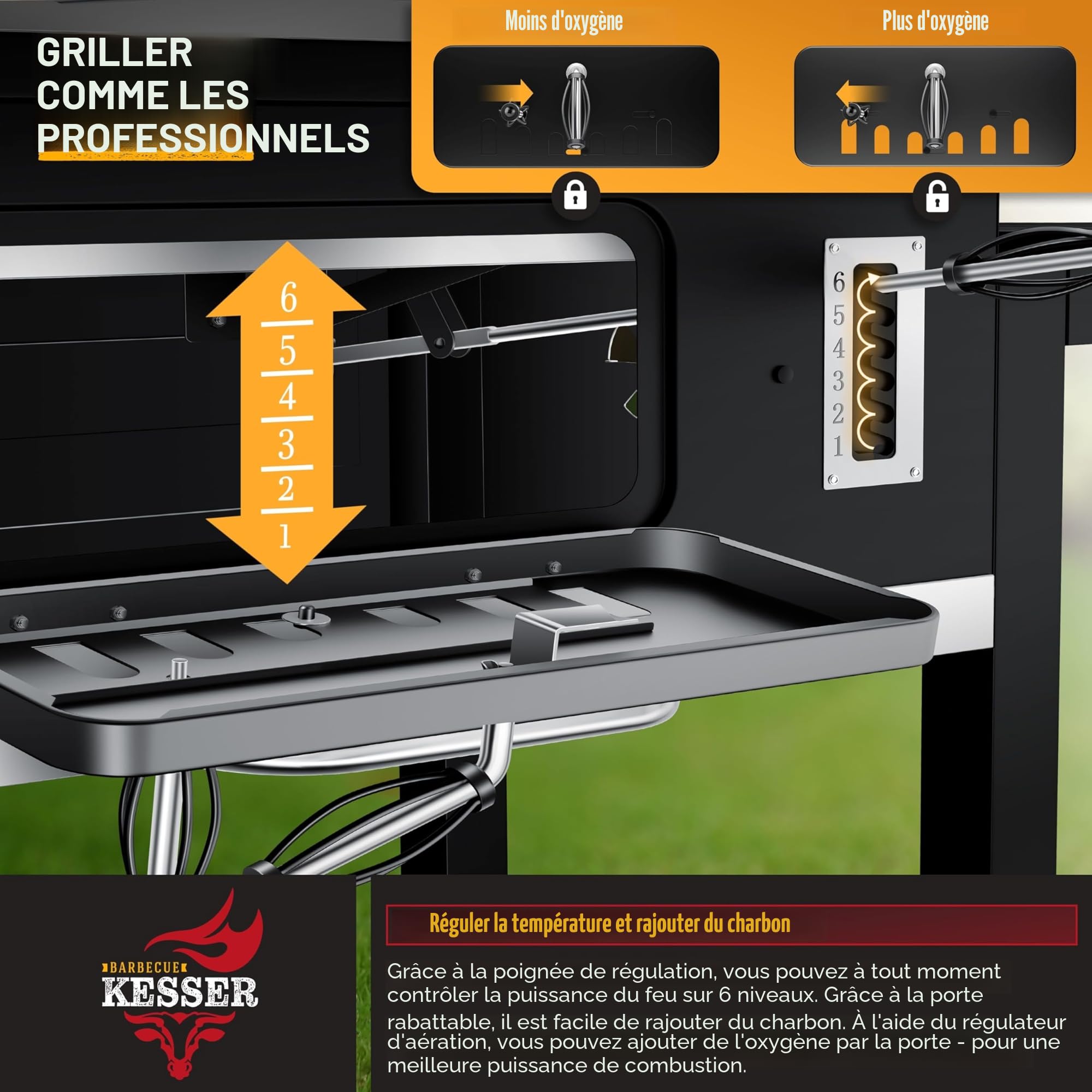 KESSER® Chariot à Barbecue | Grill XXL à Charbon de Bois avec Couvercle, Roues, poignée en Acier Inoxydable, Grille et thermomètre | Grand Barbecue au Charbon de Bois