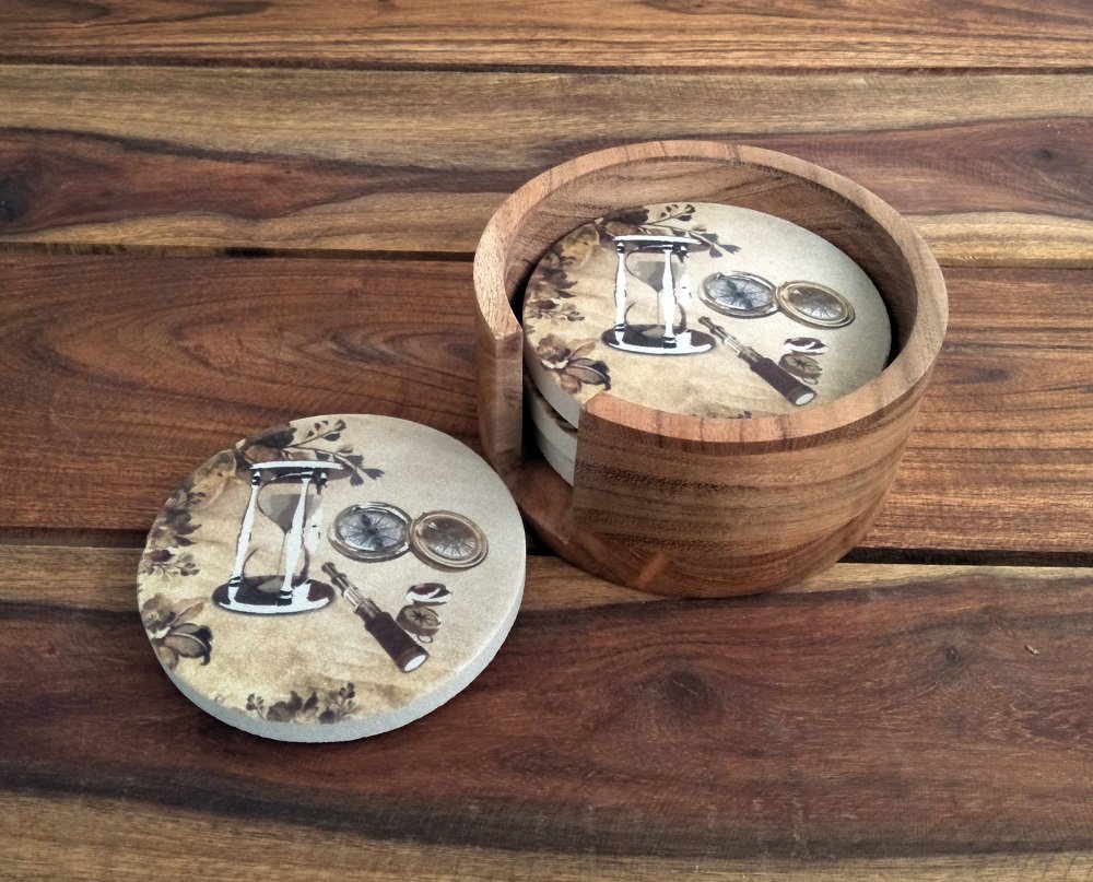 SANDSTERS Natural Sandstone Sandtimer Printed Absorbent Beverage Coasters Set of 4Pcs with Acacia Wood Holder