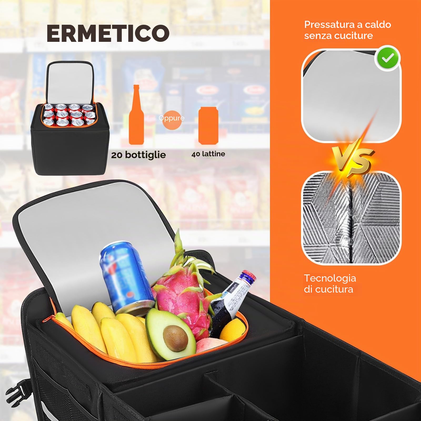 Organizer per Bagagliaio Auto con Frigo, 115L Organizer Baule Auto con 25L Borsa Isolante Rimovibile, 6 Scomparti Regolabili, Organizers Pieghevole con Coperchio per SUV e Camion