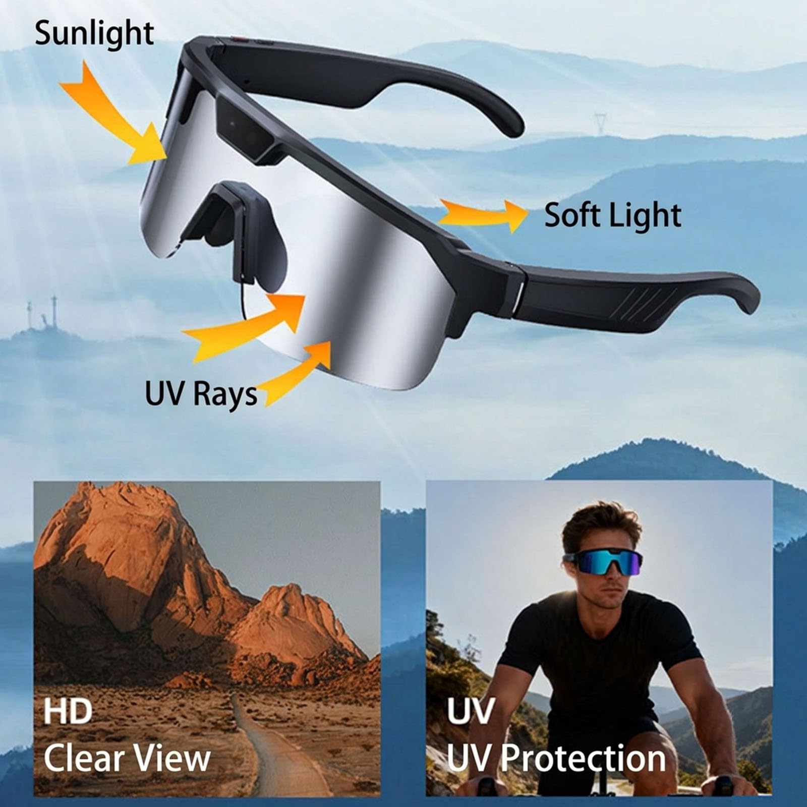Occhiali da sole sportivi, fotocamera 1200p ciclismo Ai Smart Glasses, riconoscimento immagini AI, traduzione simultanea, minuti di riunione, sveglia vocale/cancellazione del rumore doppio microfono