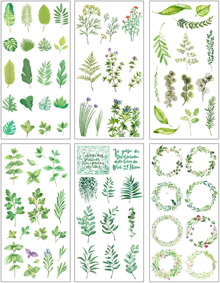 Lirener 6 Sheets Washi Paper DIY Journal Decorative Adhesive Sticker with Cute Fresh Succulent Plants and Flowers, Kids Craft Scrapbooking Cartoon Sticker Set for Diary, Album Calendars Planner